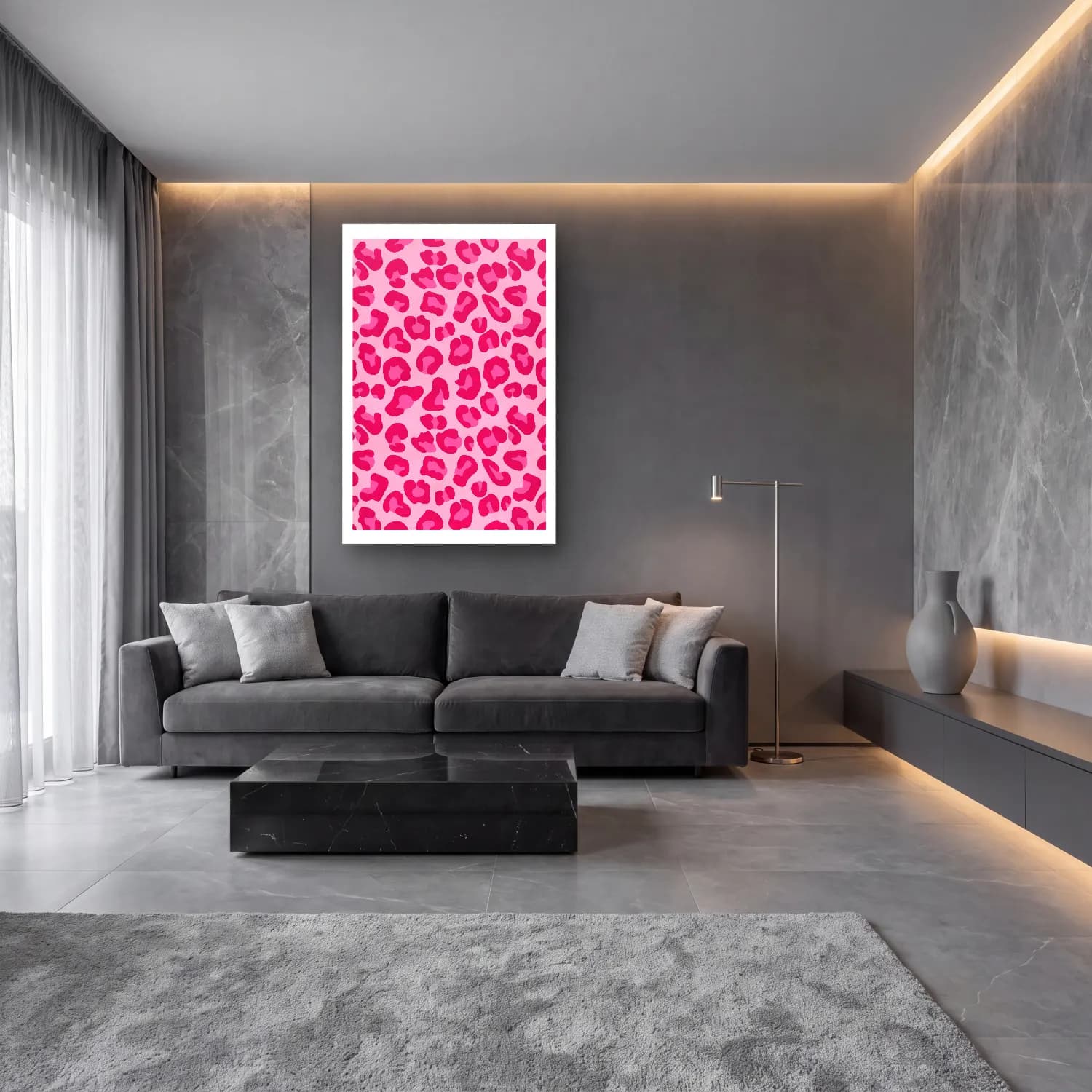 Retro Leopar – Pembe Tonlar cam tablo — lüks salon duvarında