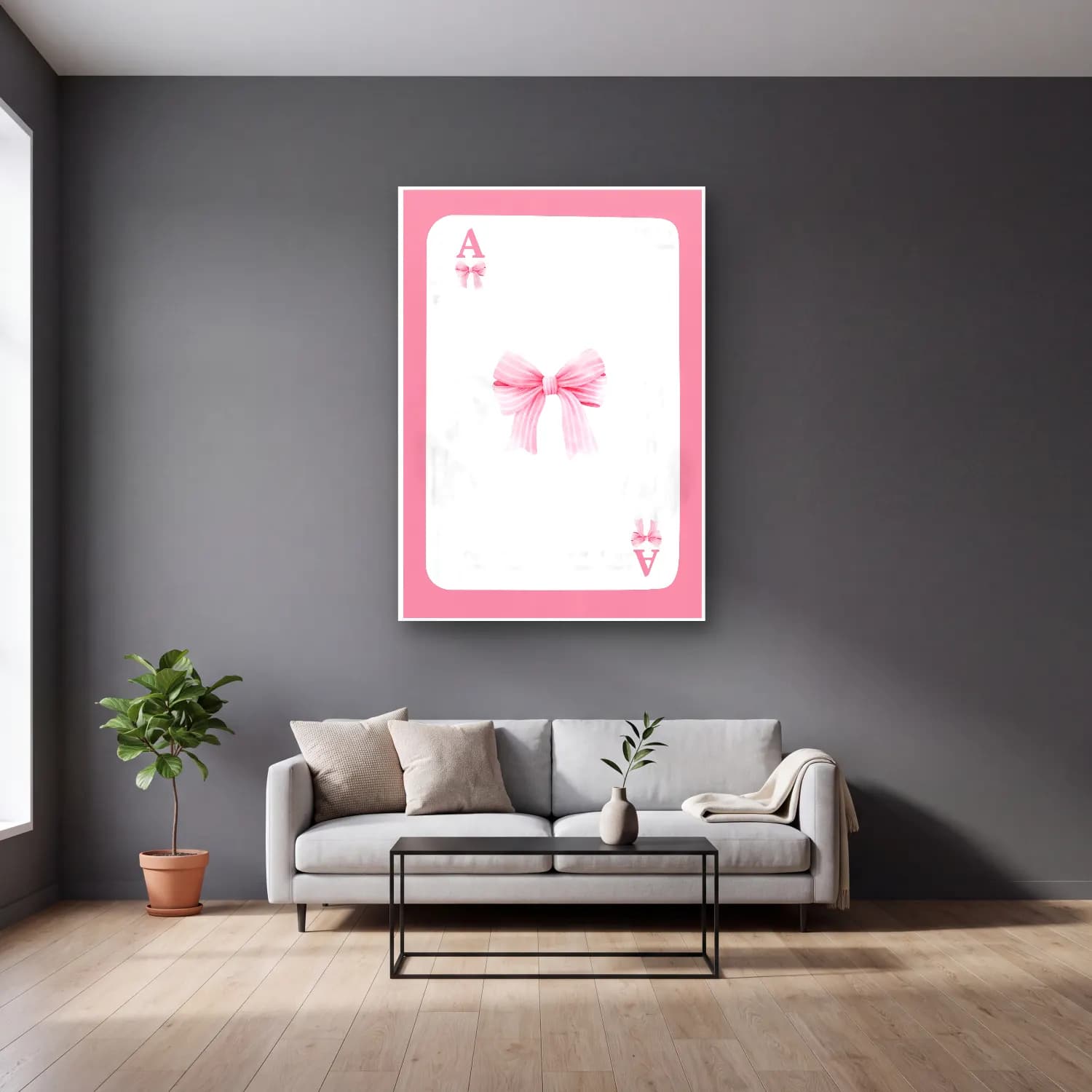 Pastel Fiyonk No. 73 cam tablo — gri duvarlı salonda
