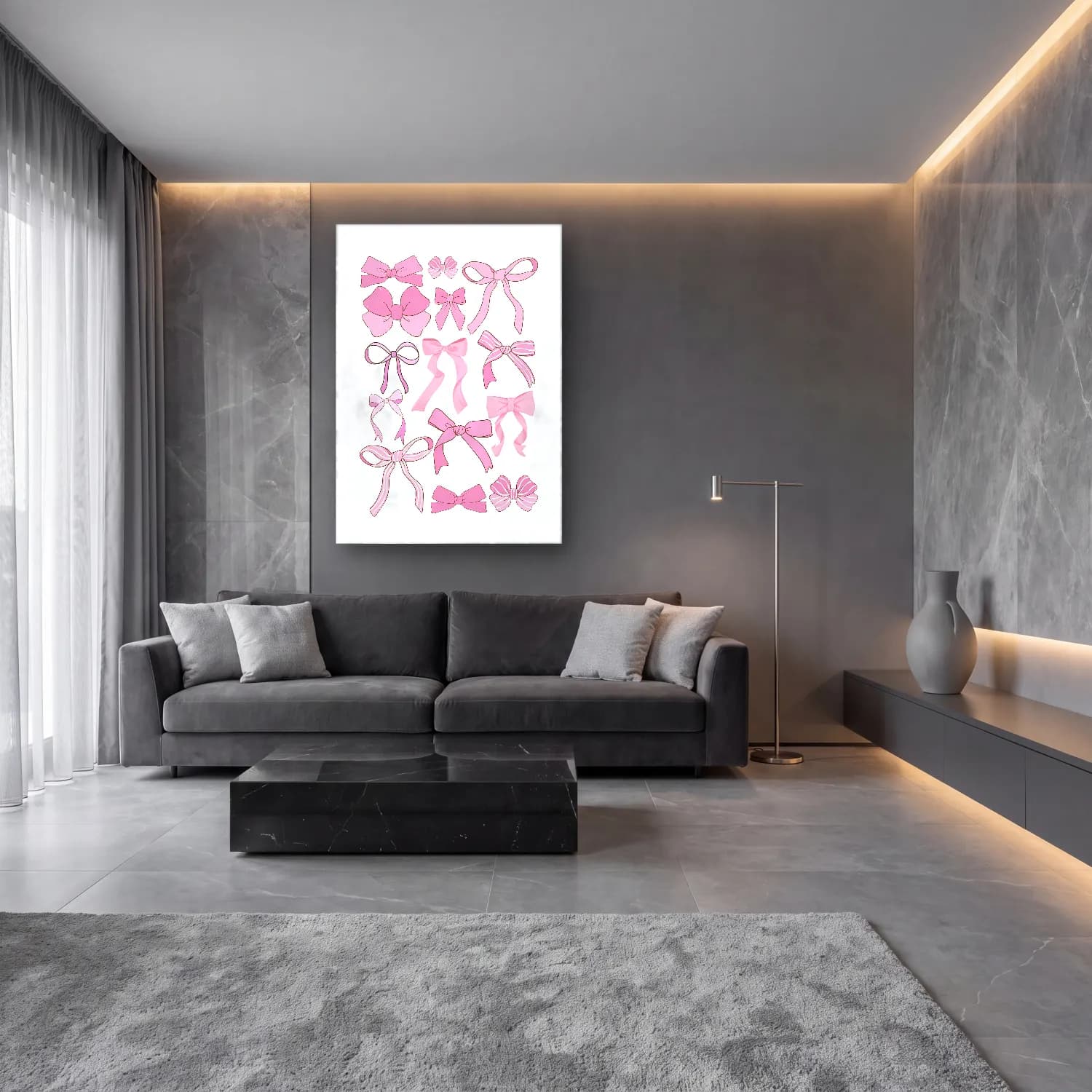Pastel Fiyonk No. 74 cam tablo — lüks salon duvarında
