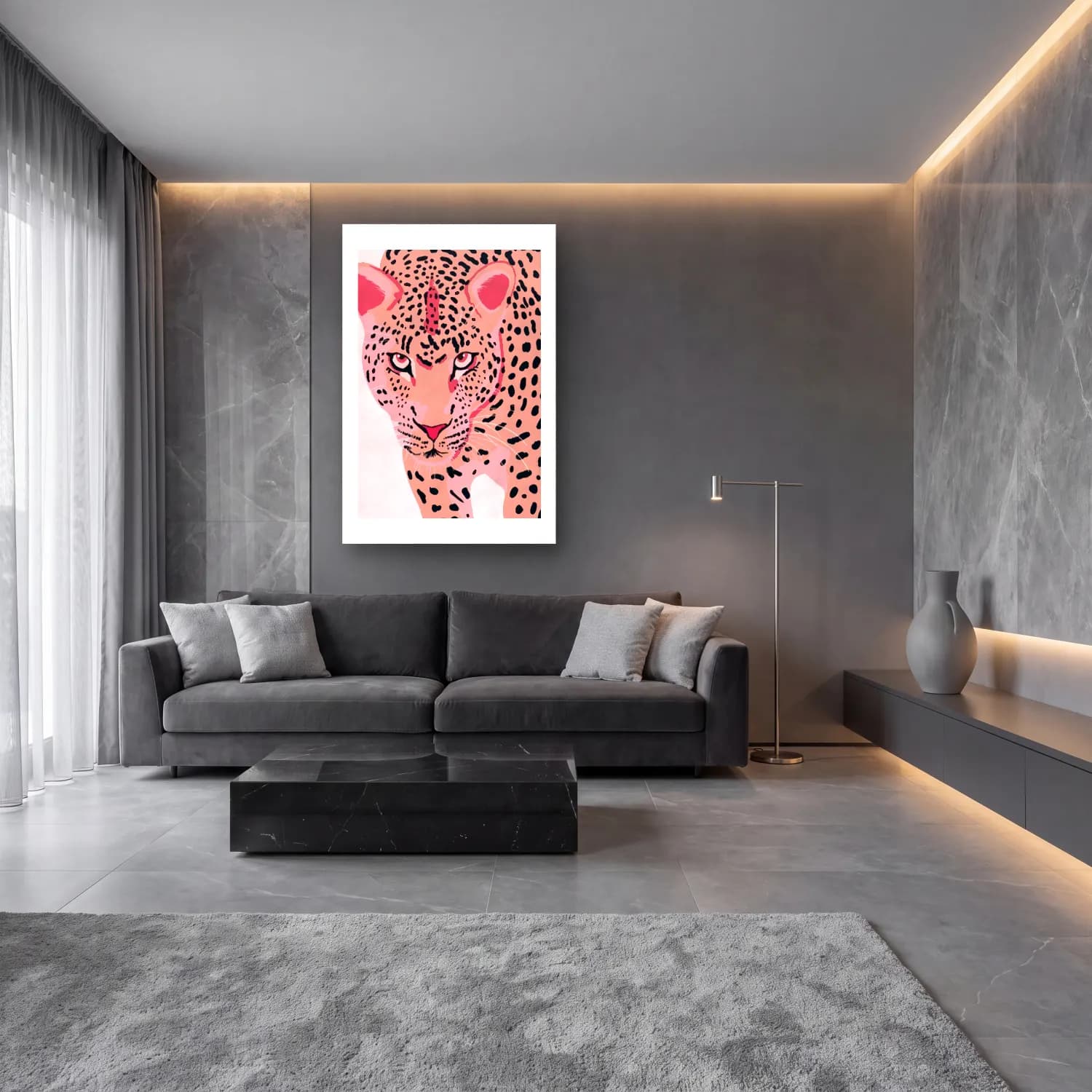 Pastel Leopar No. 6 cam tablo — lüks salon duvarında