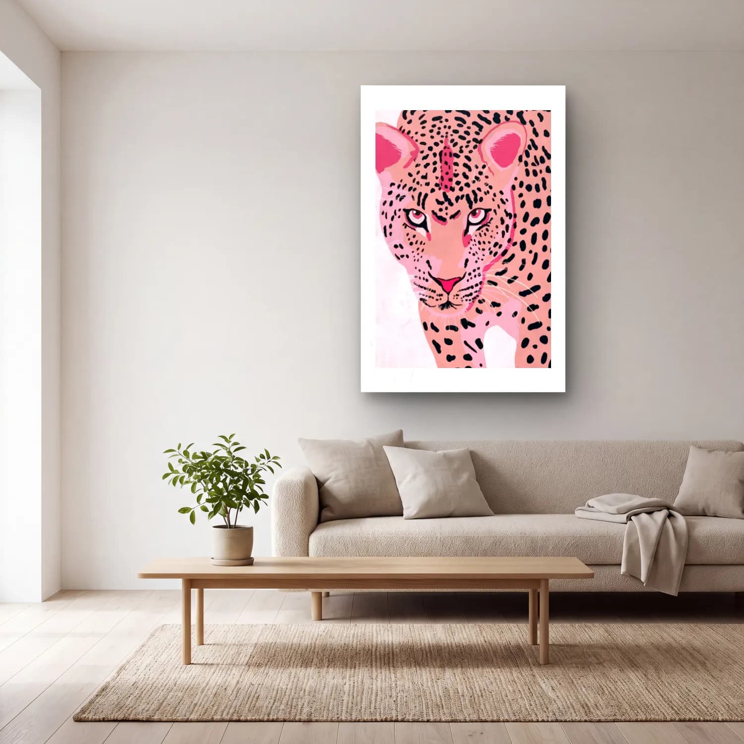Pastel Leopar No. 6 cam tablo — açık renk salonda