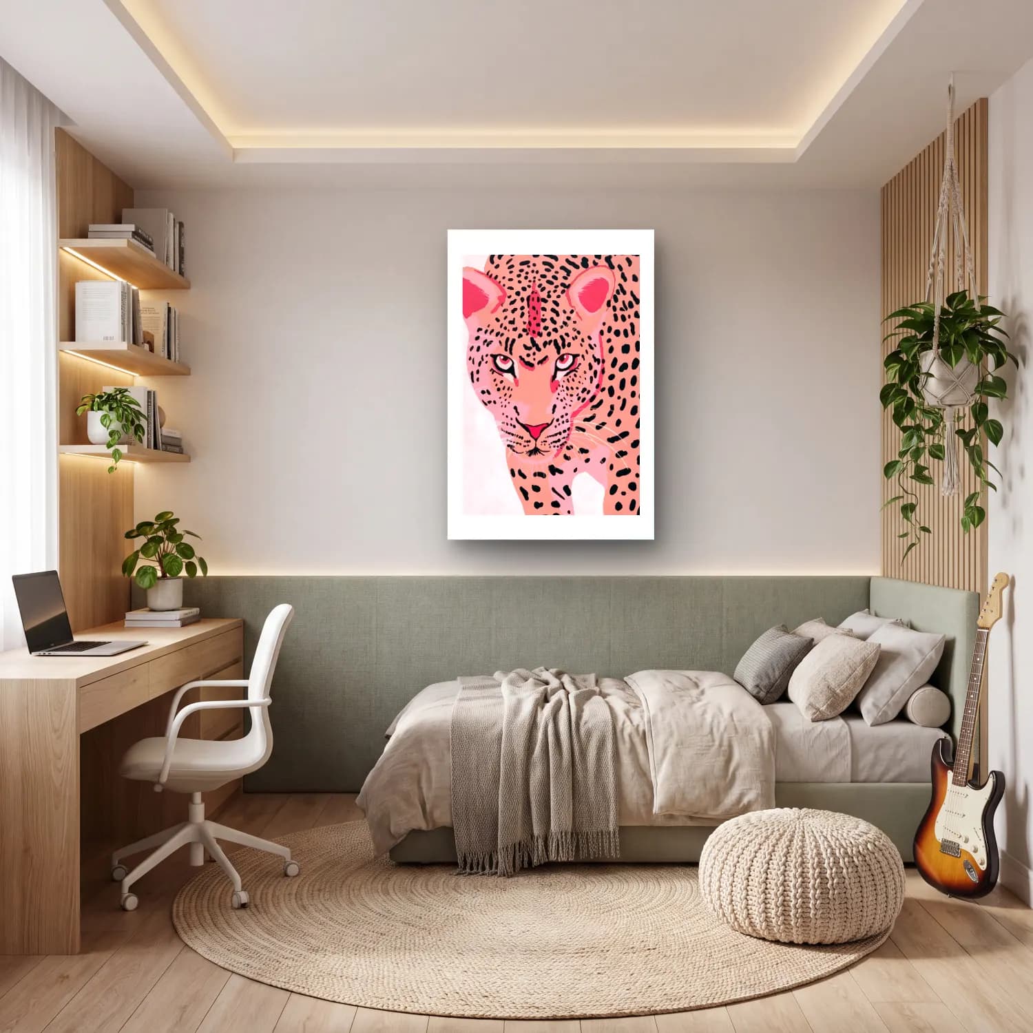 Pastel Leopar No. 6 cam tablo — genç odasında