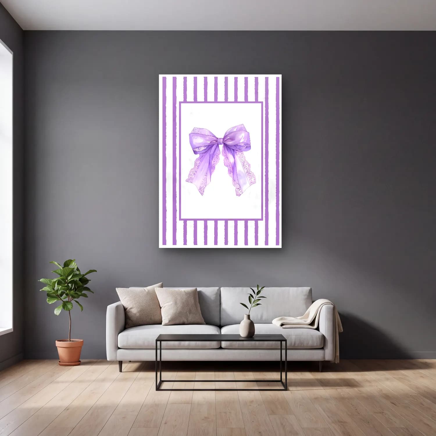 Pastel Fiyonk No. 75 cam tablo — gri duvarlı salonda