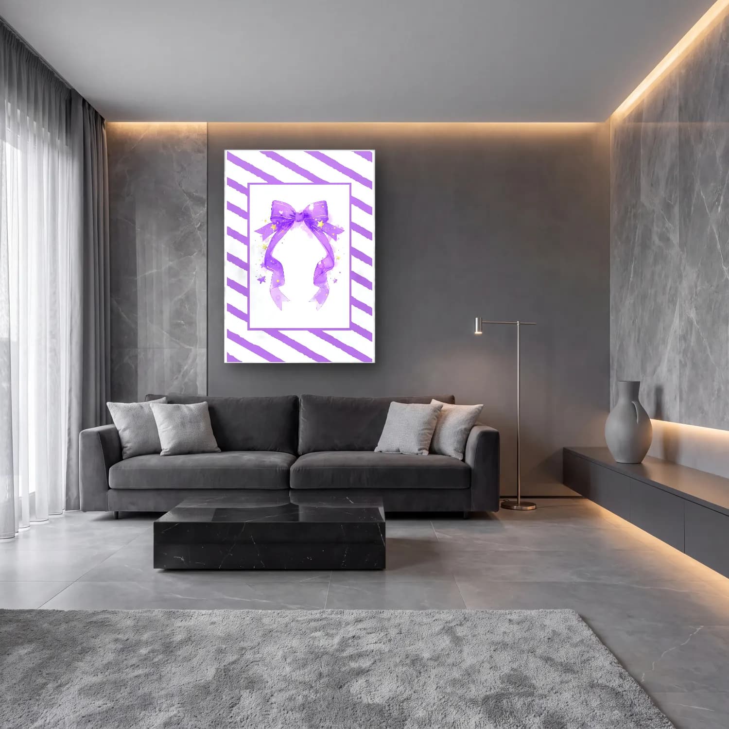 Pastel Fiyonk No. 76 cam tablo — lüks salon duvarında