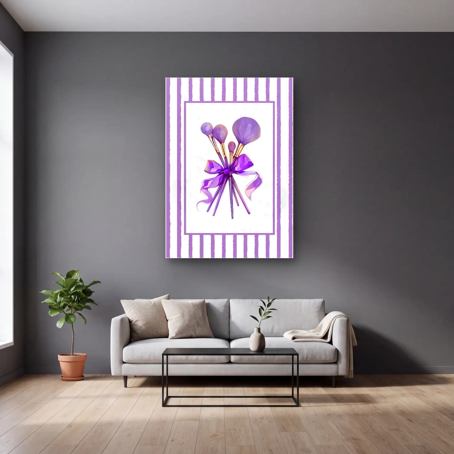 Pastel Fiyonk No. 77 cam tablo — gri duvarlı salonda