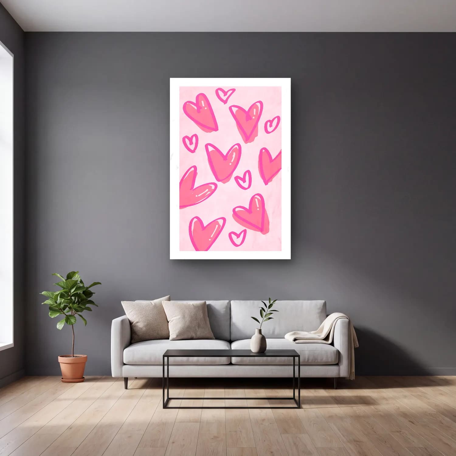 Pastel Çiçek Deseni No. 61 cam tablo — gri duvarlı salonda