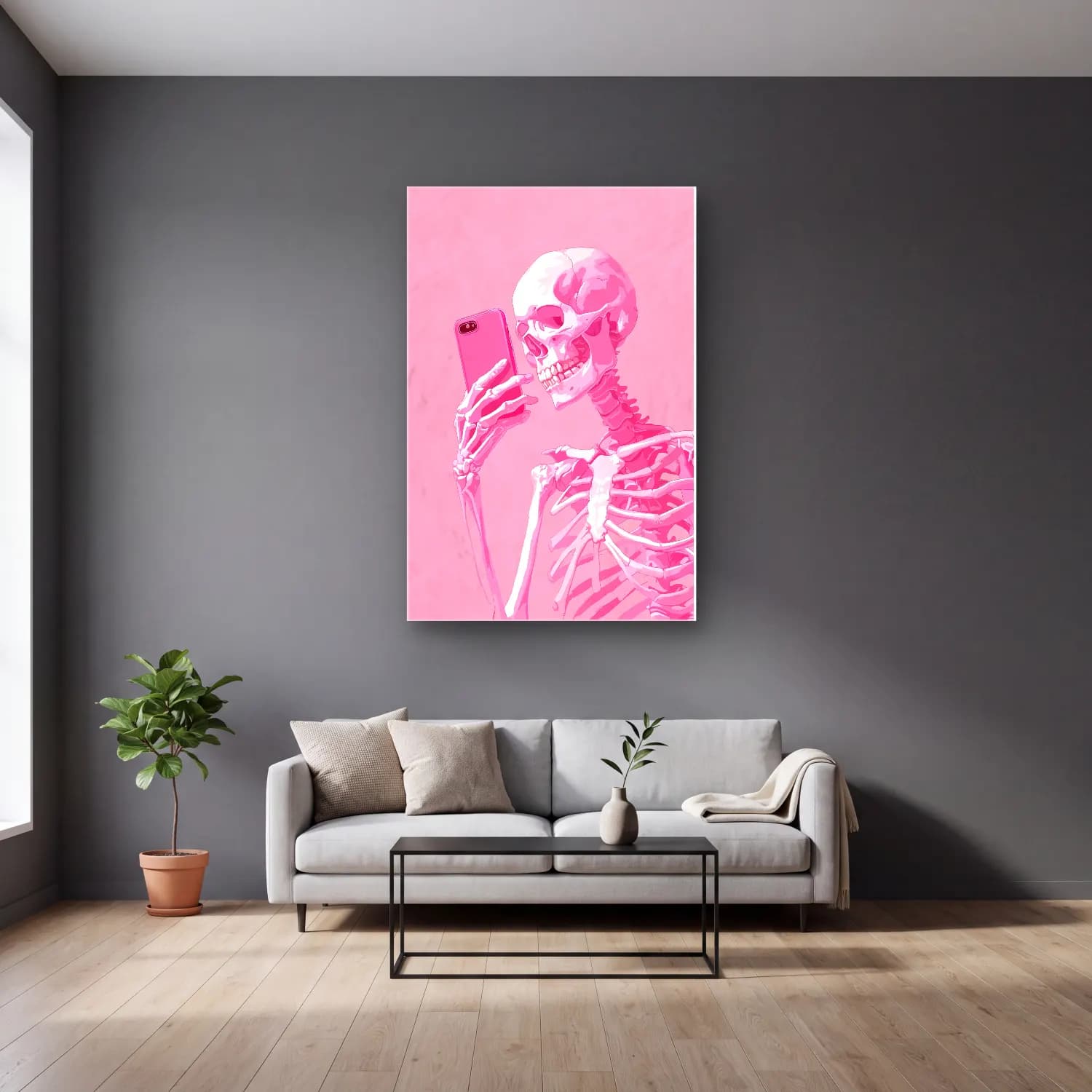 Pastel Anatomi Çizimi No. 8 cam tablo — gri duvarlı salonda