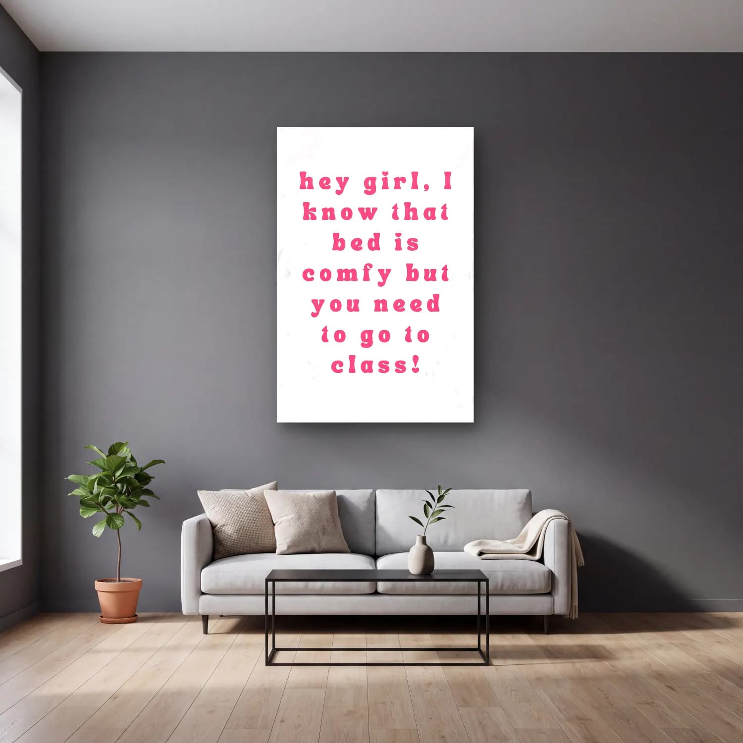 Pastel Söz Posteri No. 22 cam tablo — gri duvarlı salonda