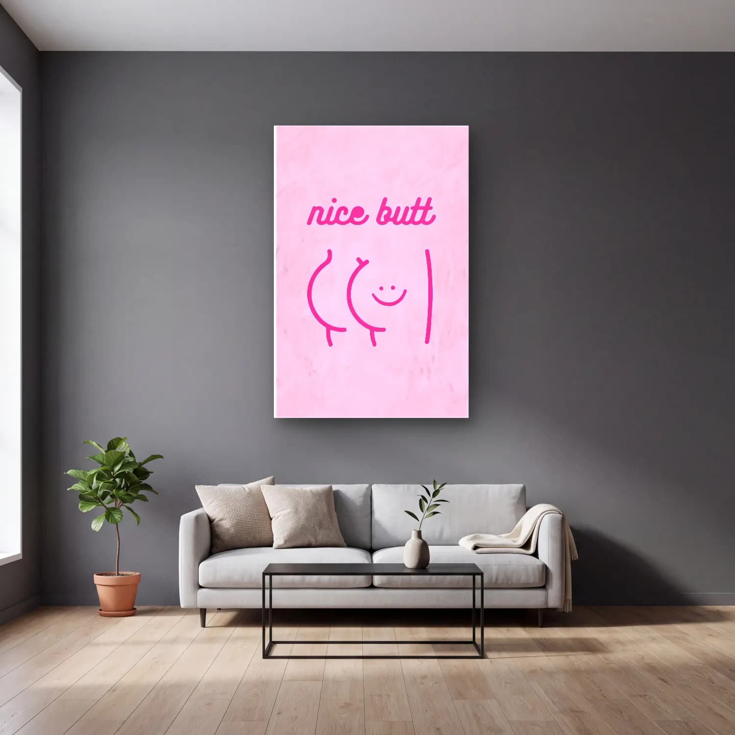 Sevimli İllüstrasyon Figür Çalışması – Pembe Tonlar cam tablo — gri duvarlı salonda