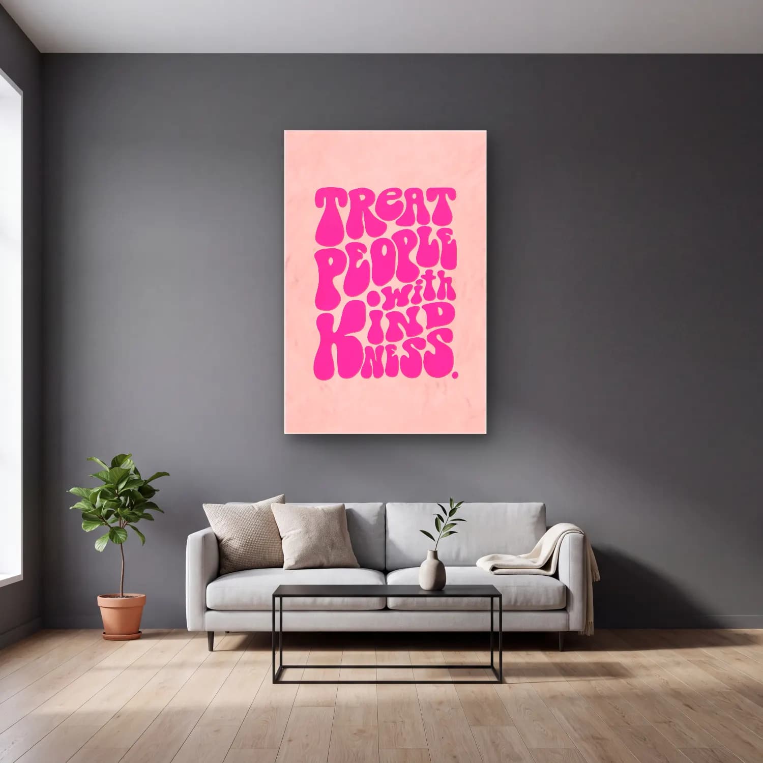 Pastel Yazılı Tasarım No. 48 cam tablo — gri duvarlı salonda