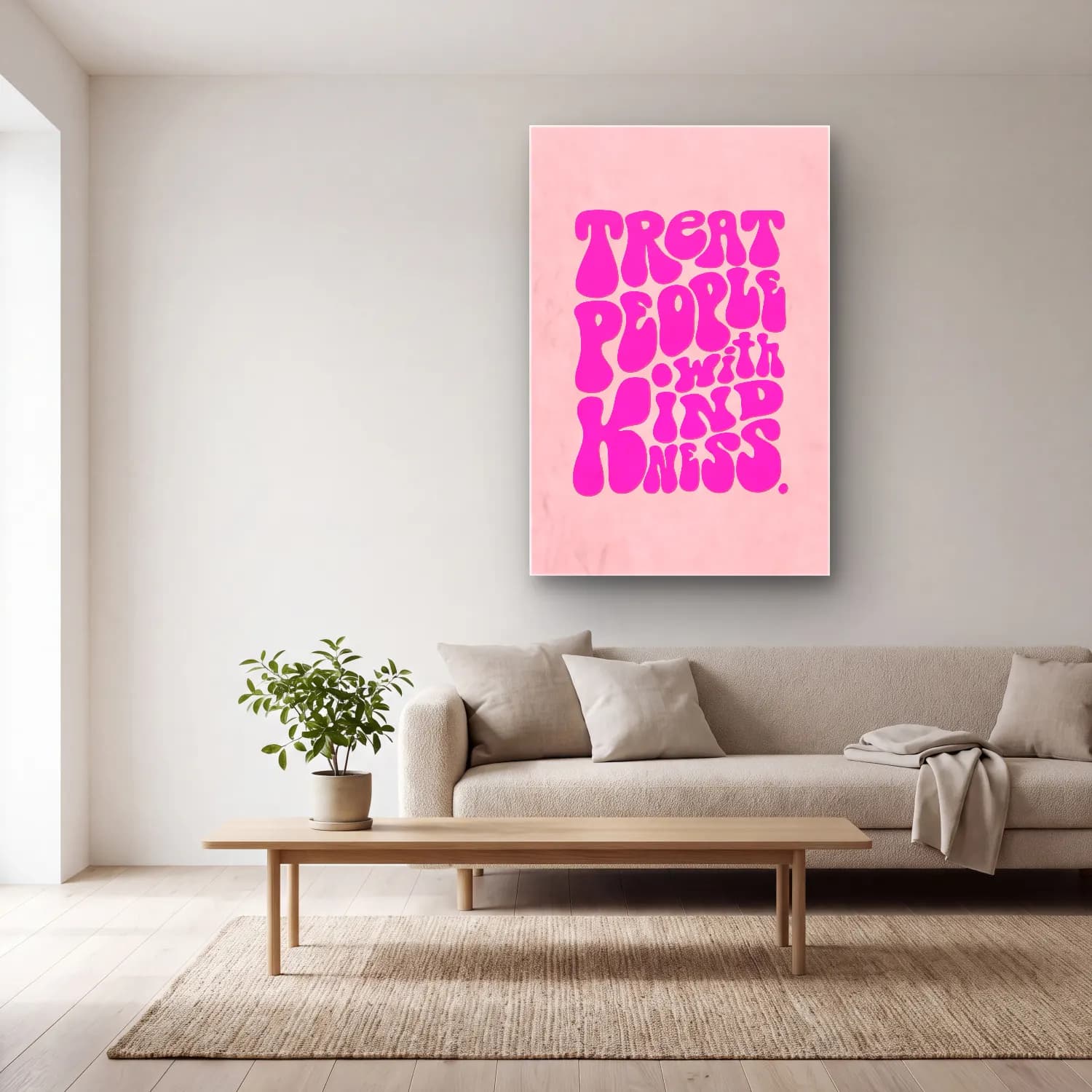 Pastel Yazılı Tasarım No. 48 cam tablo — açık renk salonda