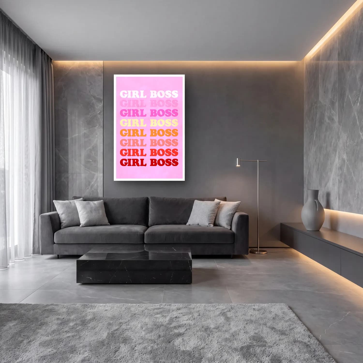 Pastel Yazılı Tasarım No. 49 cam tablo — lüks salon duvarında