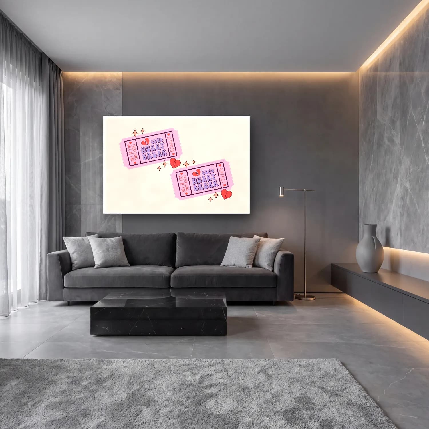 Pastel Yazılı Tasarım No. 51 cam tablo — lüks salon duvarında