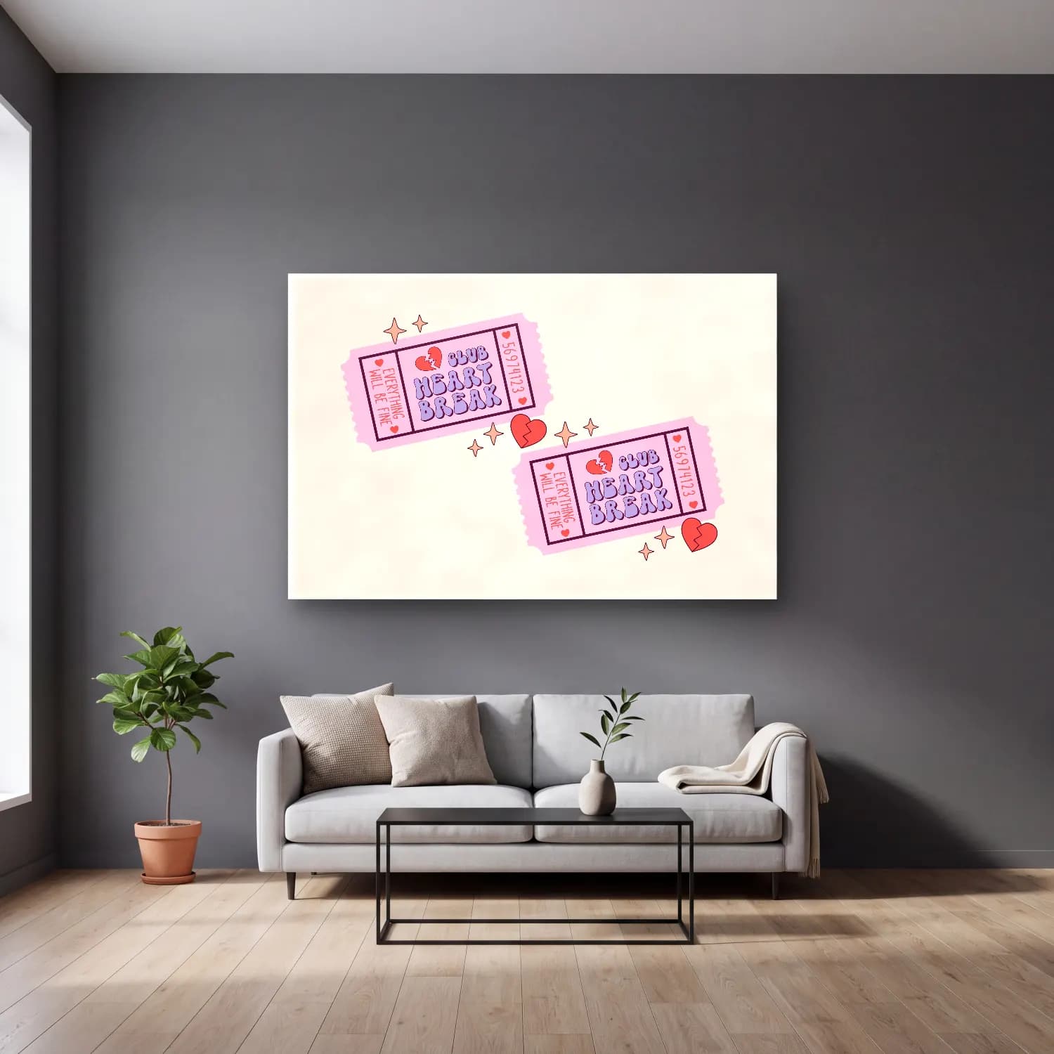 Pastel Yazılı Tasarım No. 51 cam tablo — gri duvarlı salonda
