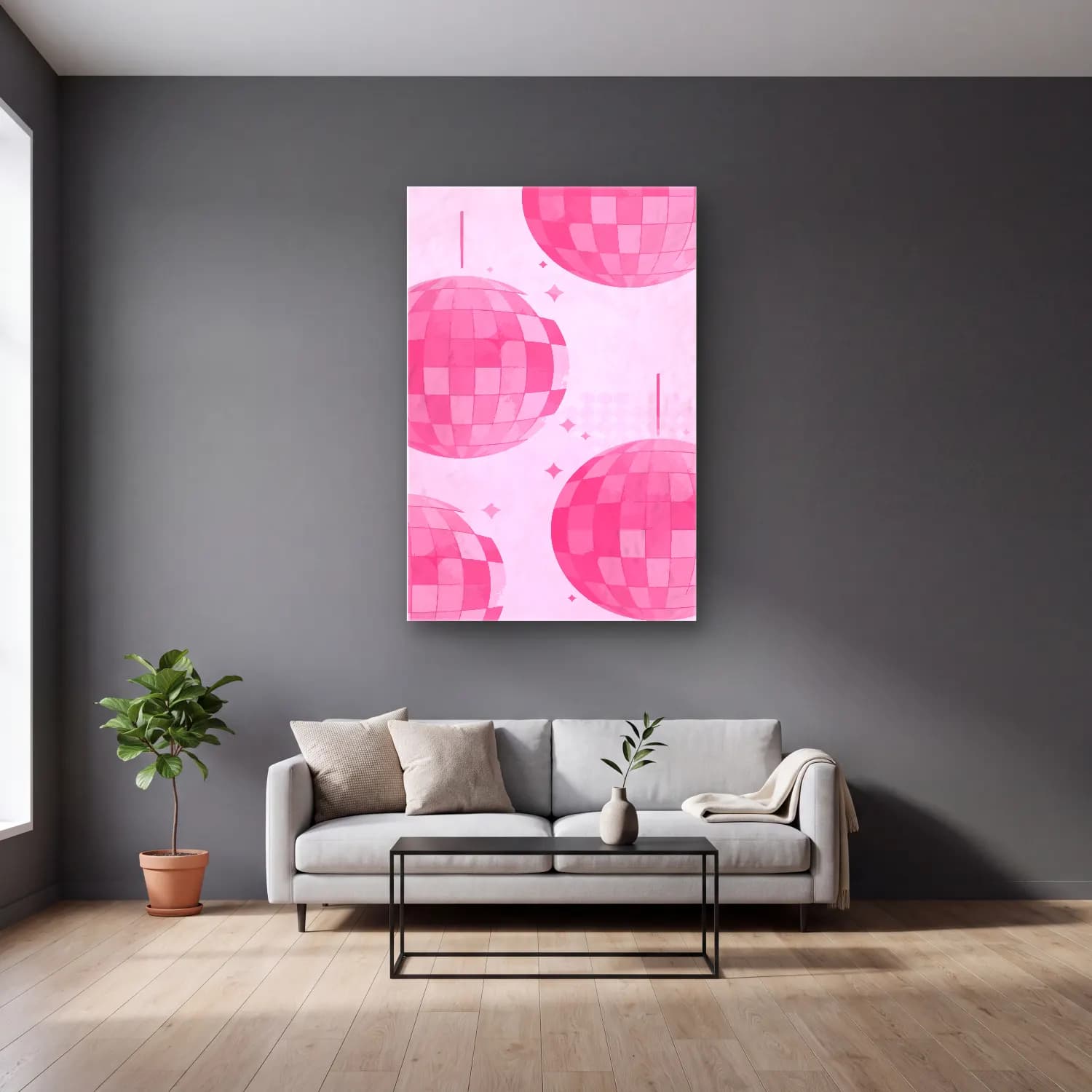 Pastel Yılbaşı Süsleri No. 9 cam tablo — gri duvarlı salonda