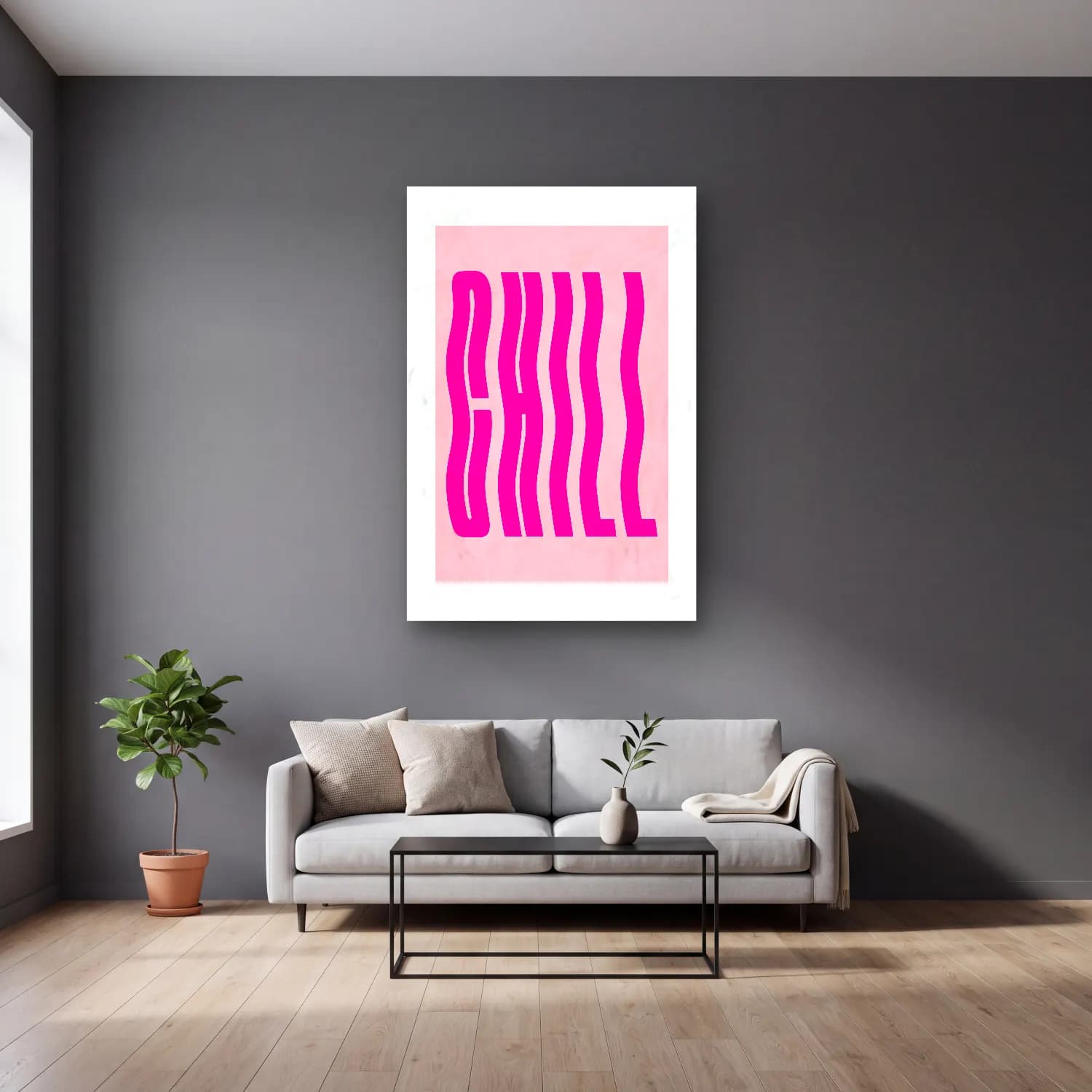 Pastel Yazılı Tasarım No. 55 cam tablo — gri duvarlı salonda