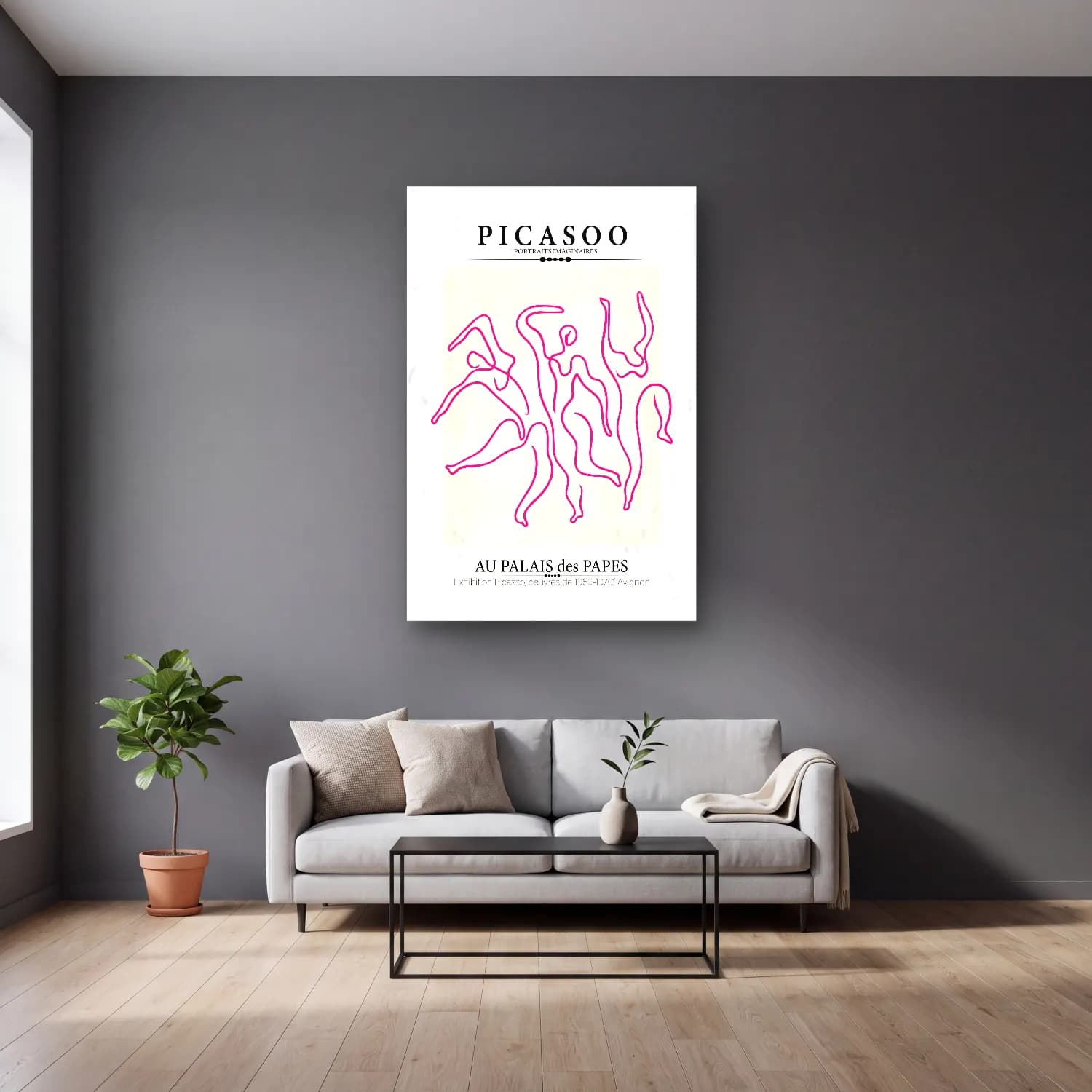 Çizgi Sanatı Dansçılar – Pembe Tonlar cam tablo — gri duvarlı salonda