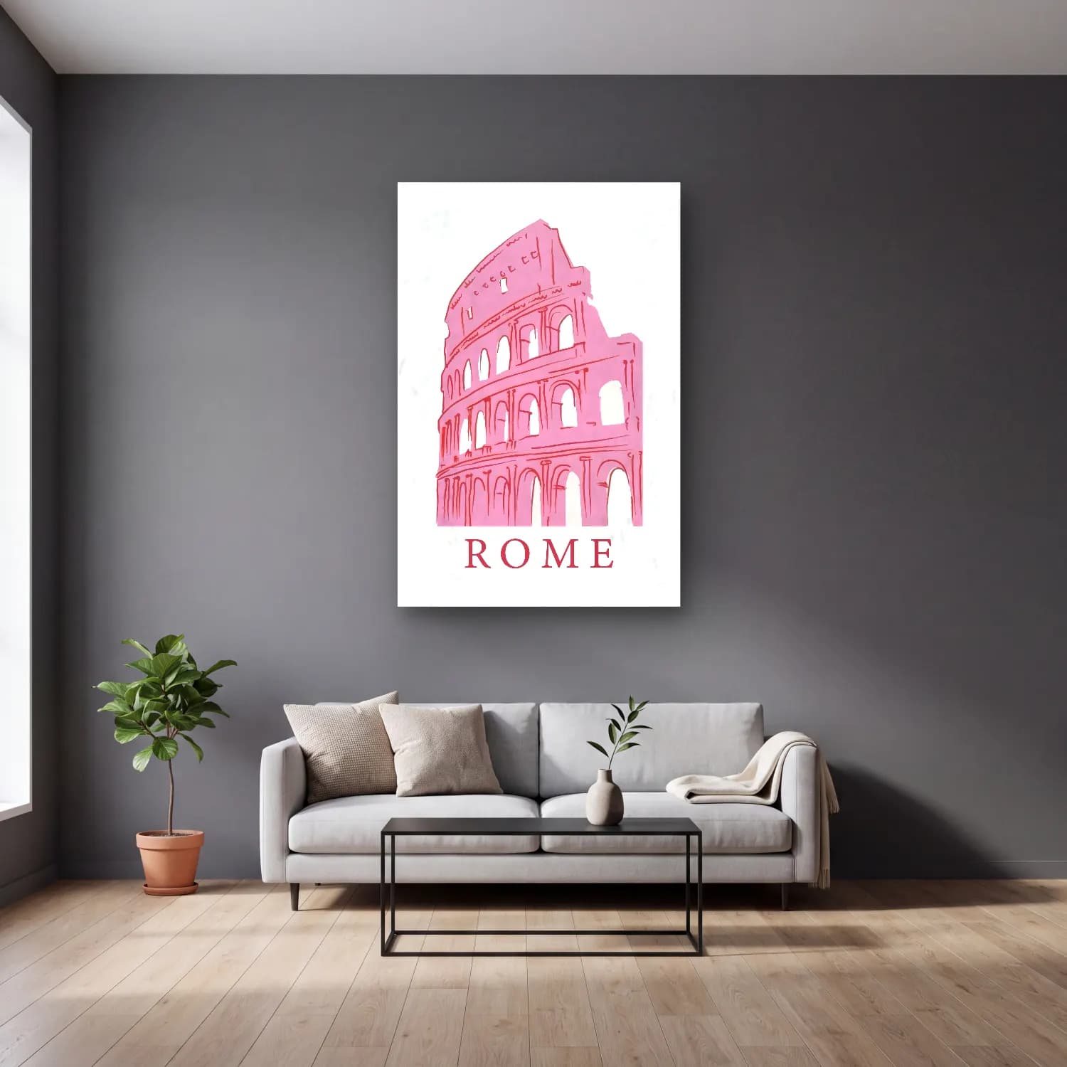 Vintage Roma – Pembe Tonlar cam tablo — gri duvarlı salonda
