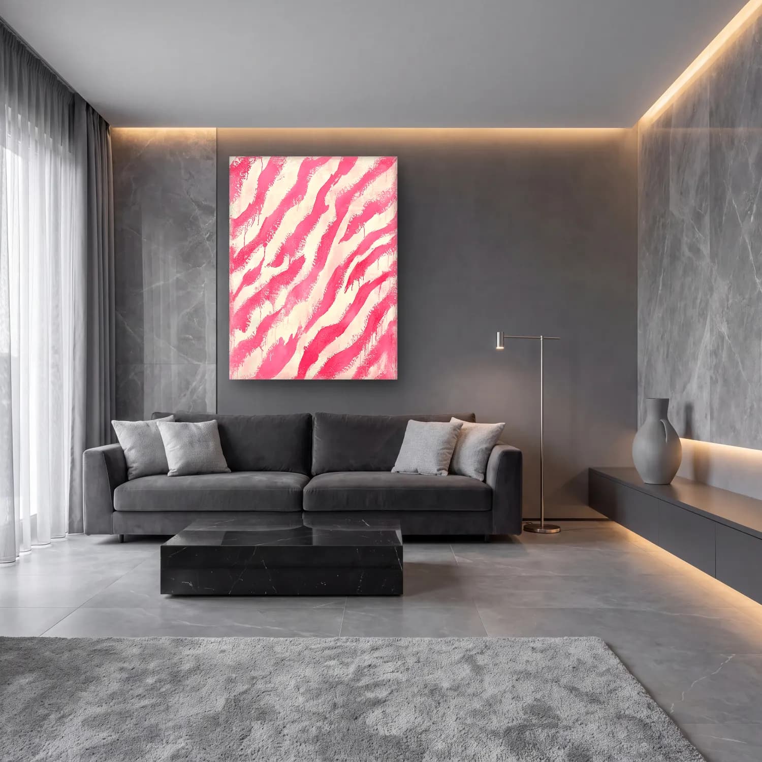 Boho Zebra – Pembe Tonlar cam tablo — lüks salon duvarında
