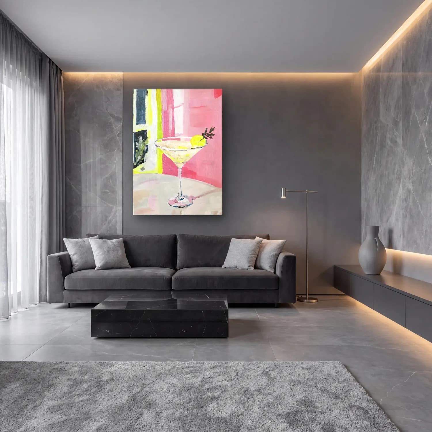 Yağlı Boya Kokteyl – Pastel Tonlar cam tablo — lüks salon duvarında