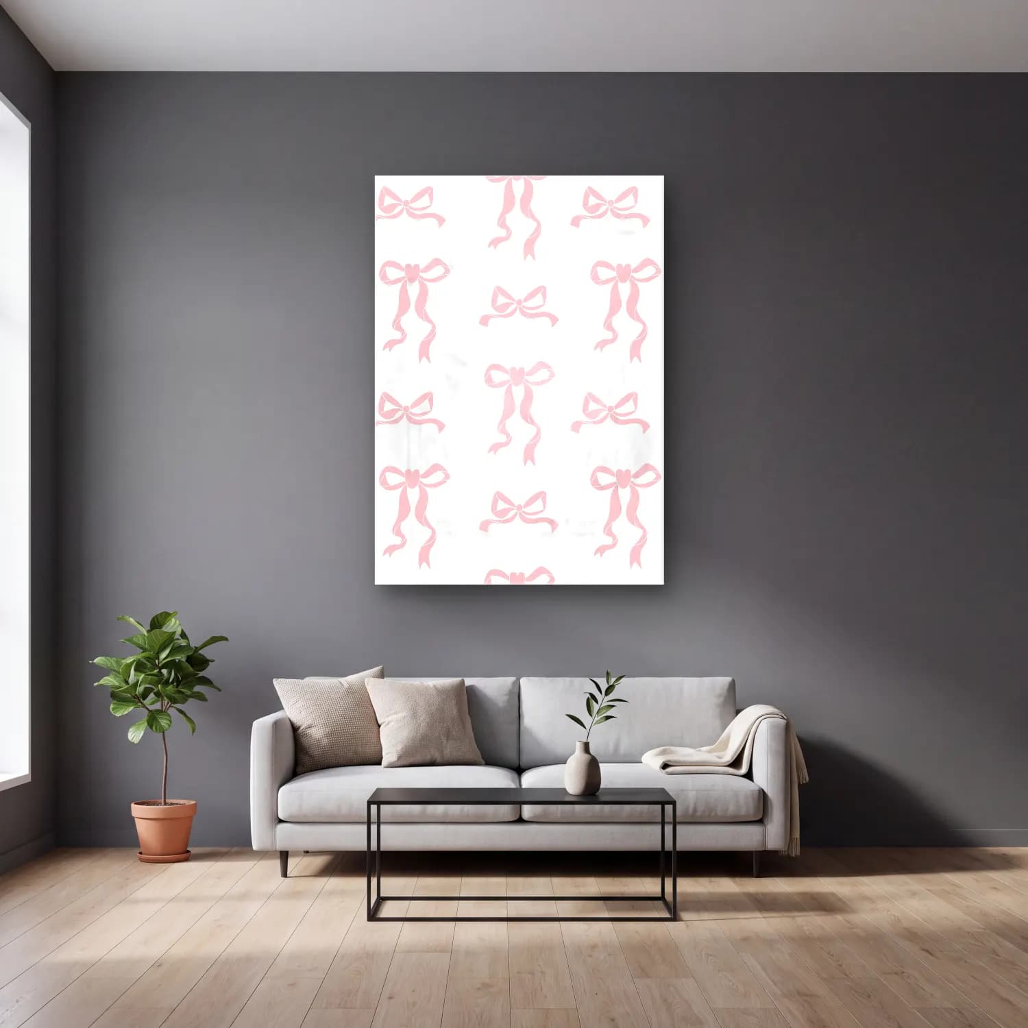 Pastel Fiyonk No. 79 cam tablo — gri duvarlı salonda
