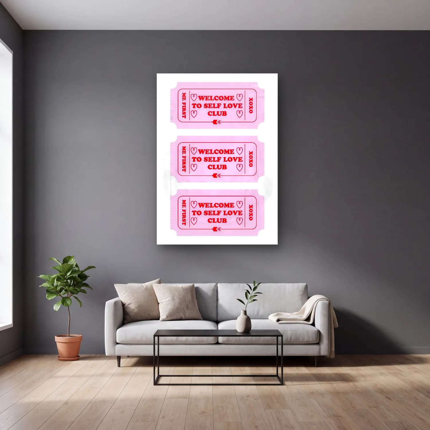 Pastel Söz Posteri No. 14 cam tablo — gri duvarlı salonda