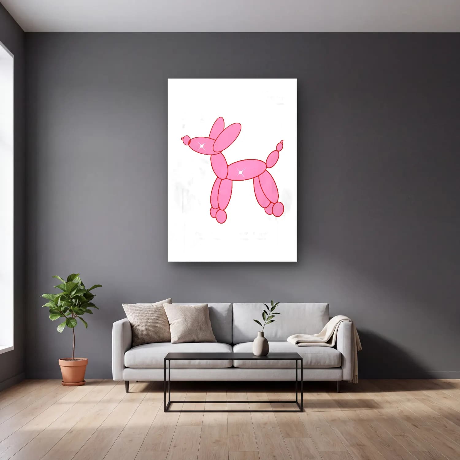 Sevimli İllüstrasyon Köpek No. 43 cam tablo — gri duvarlı salonda