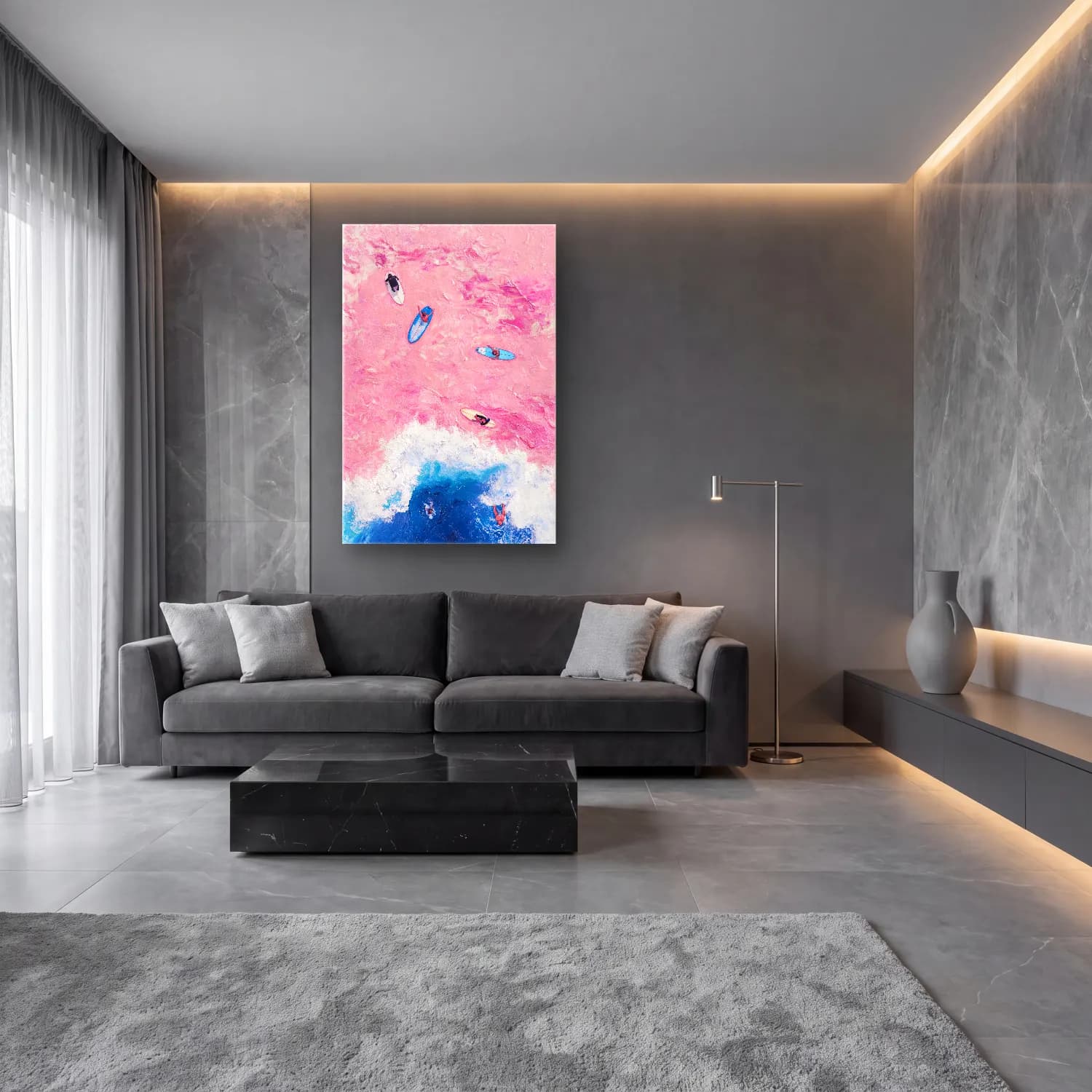 Pastel Sörf – Pembe Tonlar cam tablo — lüks salon duvarında