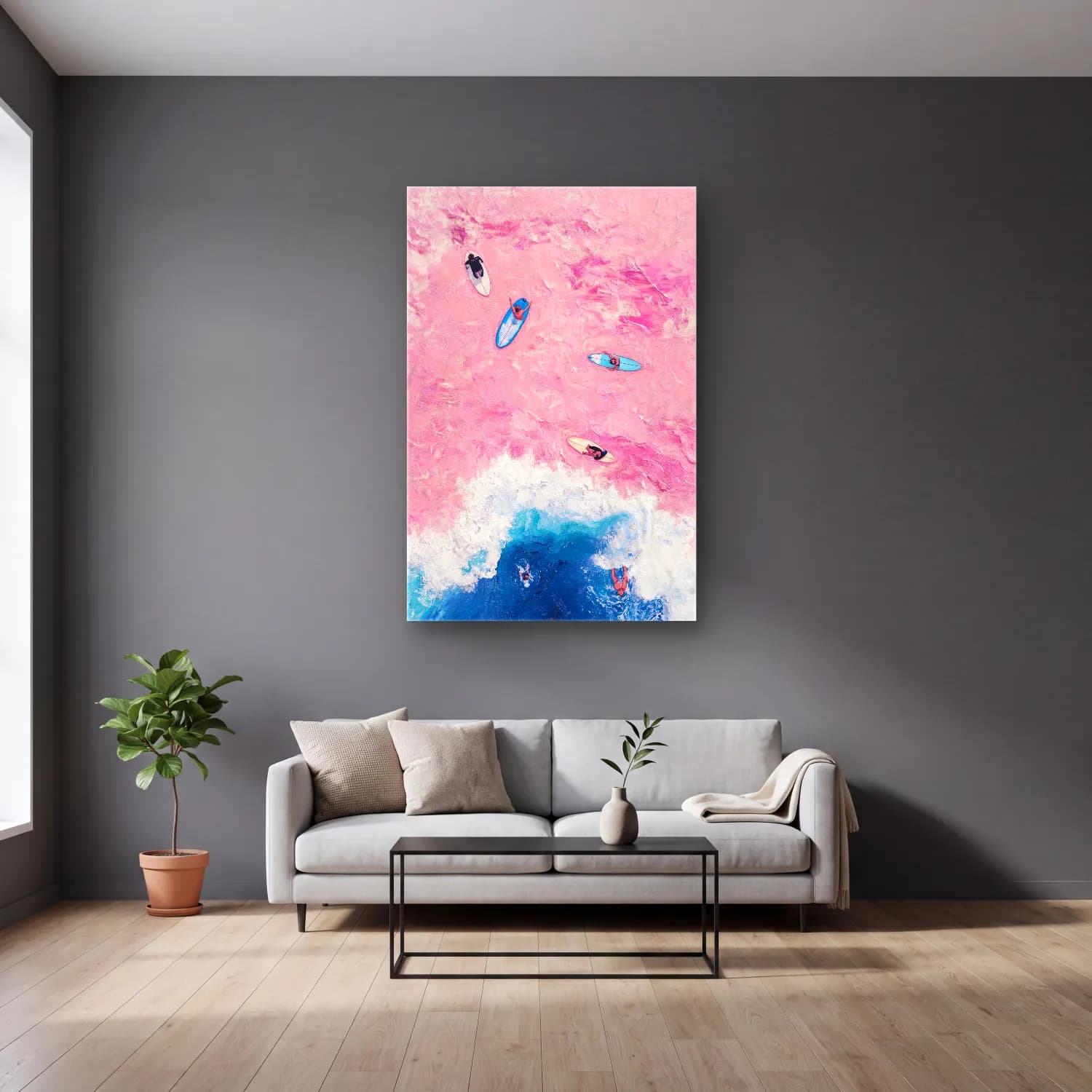 Pastel Sörf – Pembe Tonlar cam tablo — gri duvarlı salonda