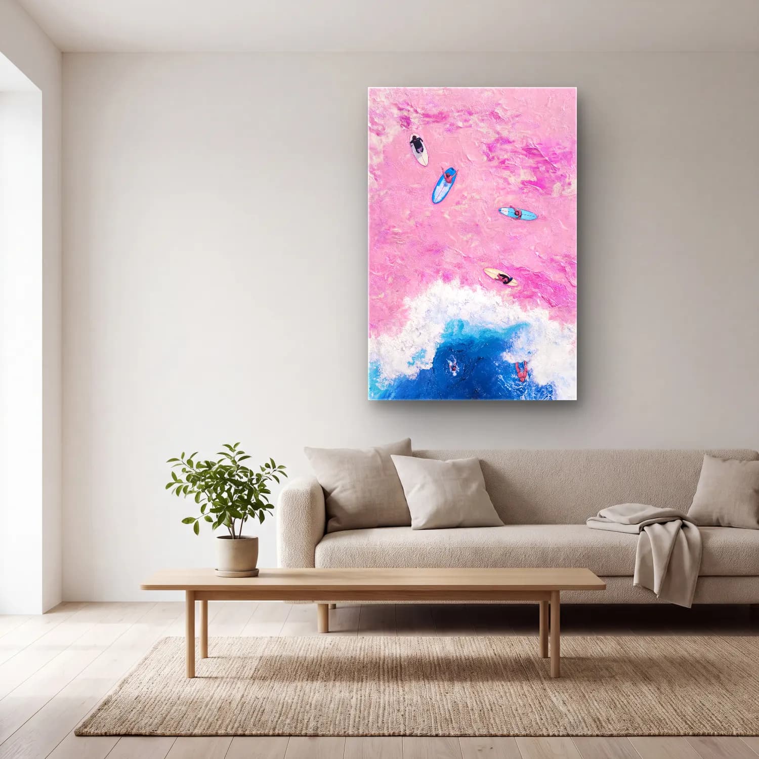 Pastel Sörf – Pembe Tonlar cam tablo — açık renk salonda