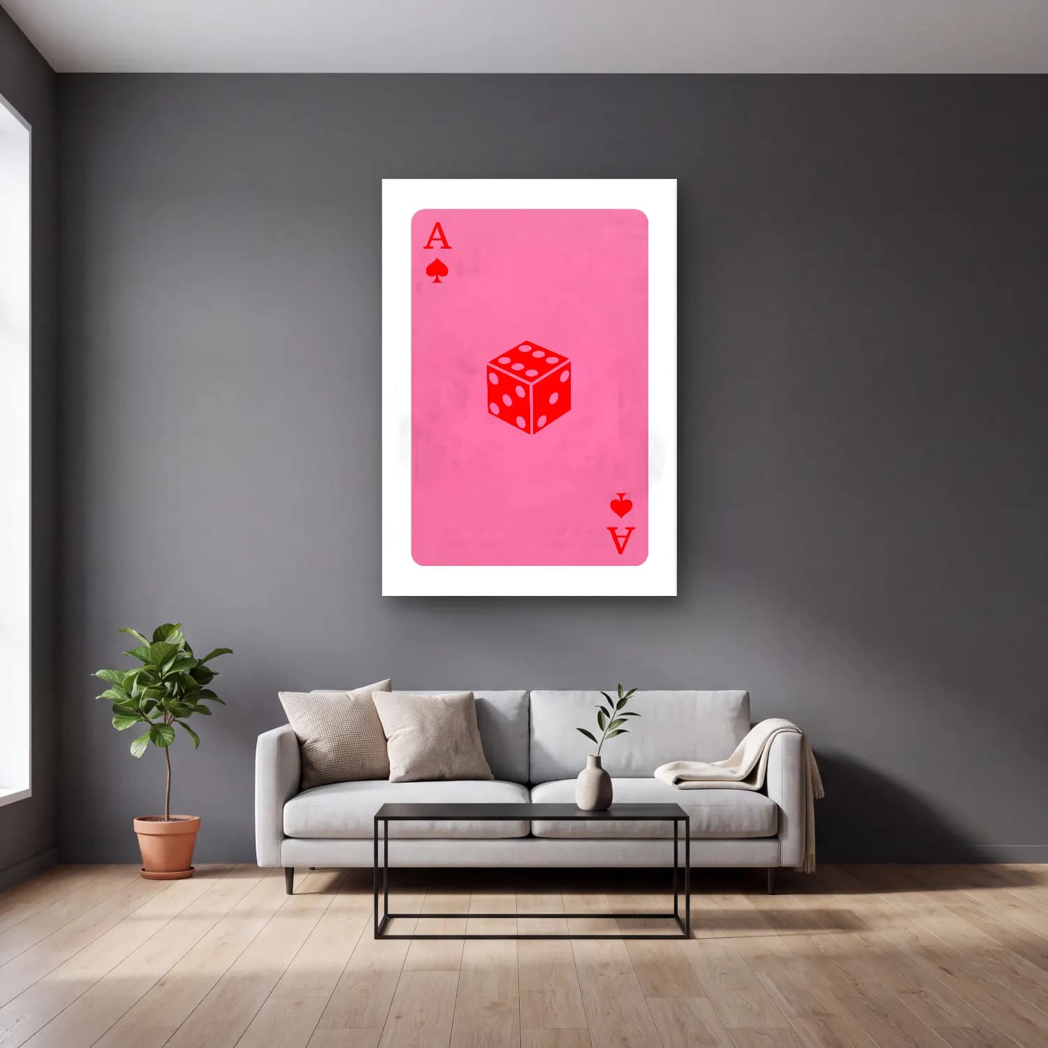 Pop Art Dama Deseni – Pembe Tonlar cam tablo — gri duvarlı salonda