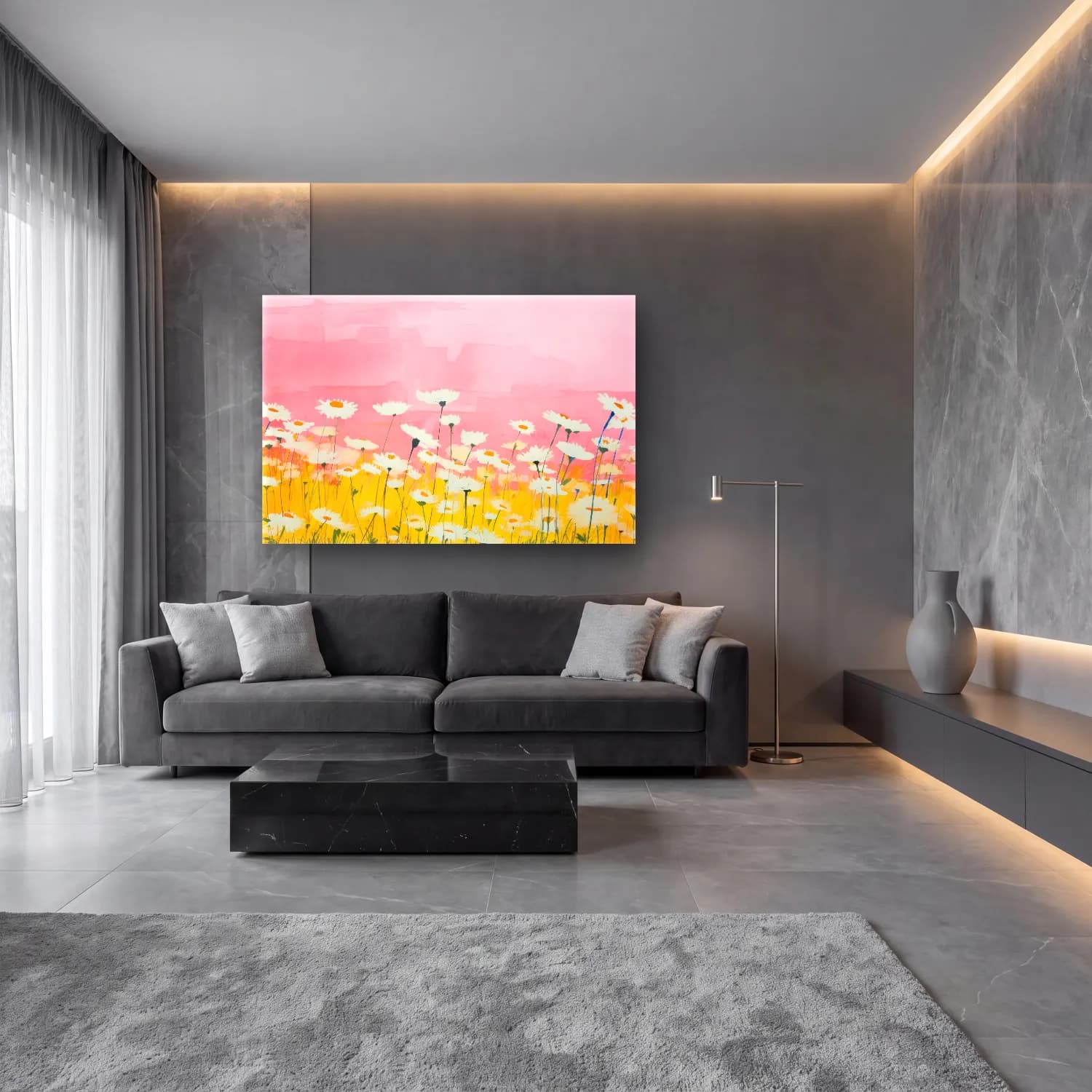 Pastel Papatyalar No. 19 cam tablo — lüks salon duvarında