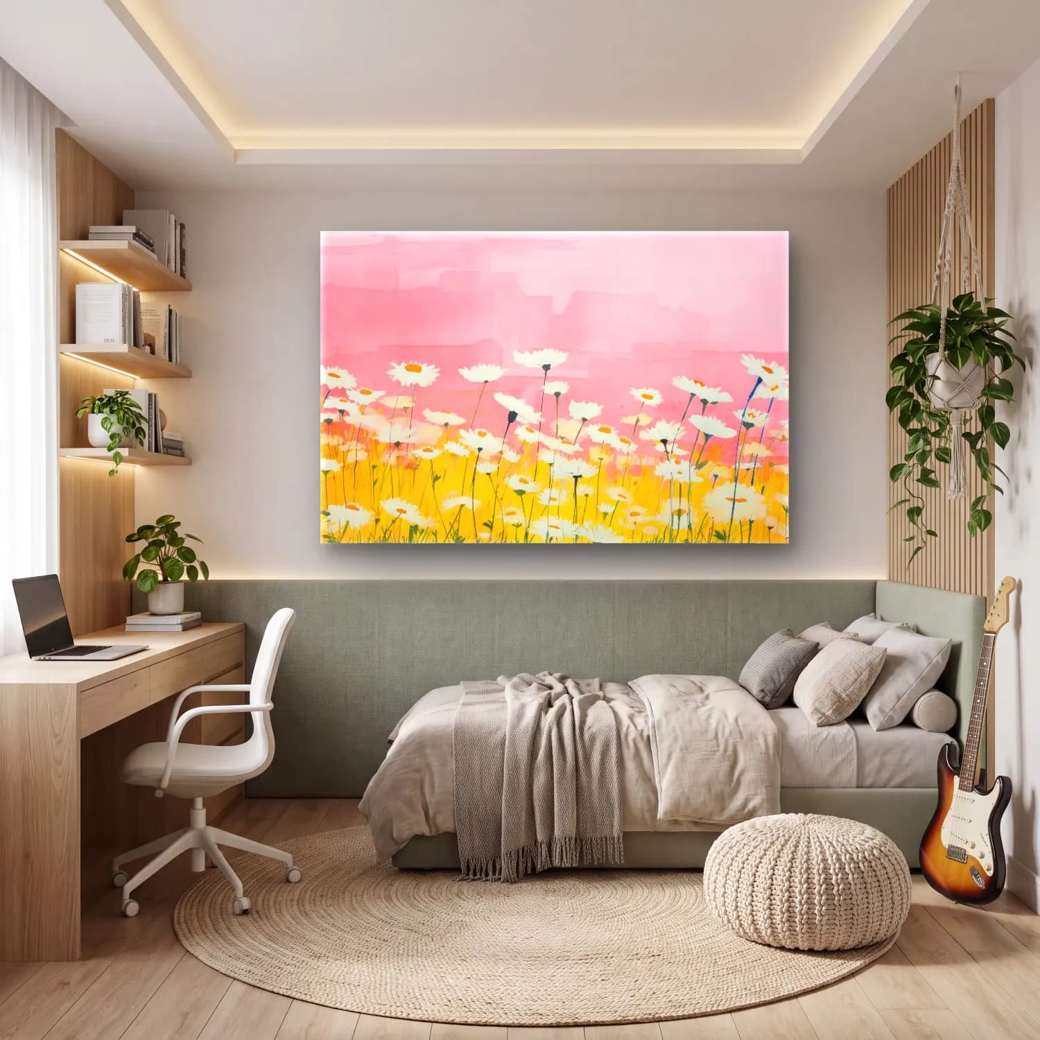 Pastel Papatyalar No. 19 cam tablo — genç odasında