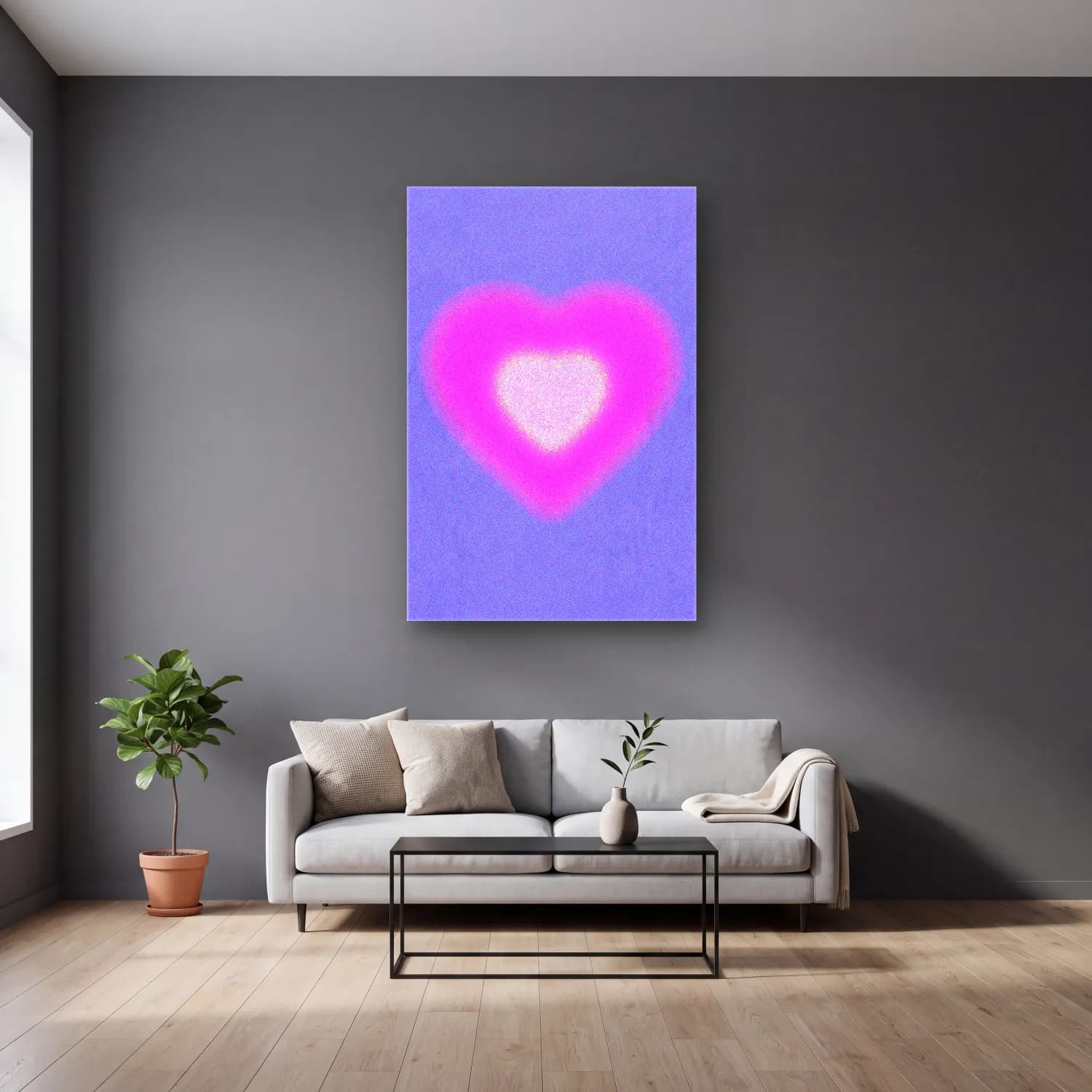 Pastel Renk Alanları No. 14 cam tablo — gri duvarlı salonda