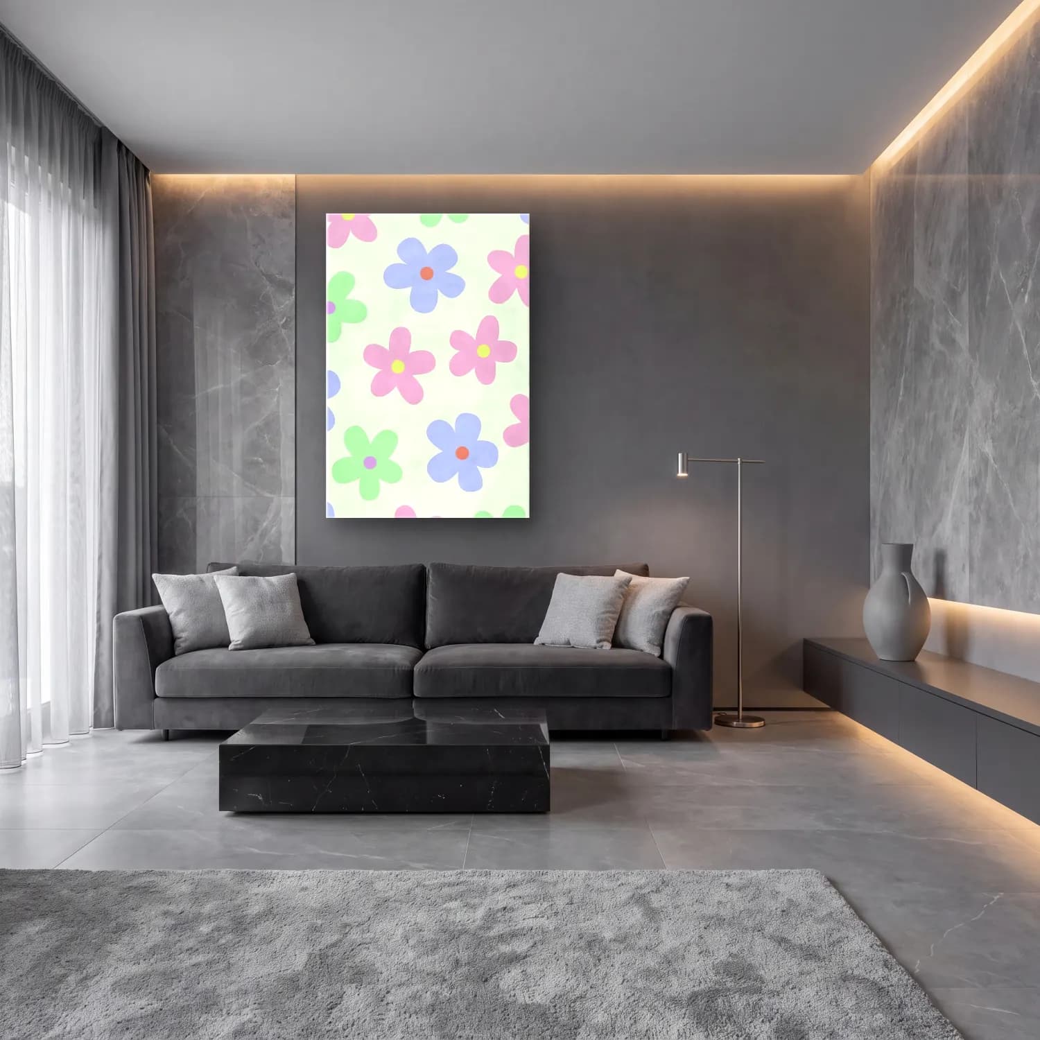 Pastel Çiçek Deseni No. 62 cam tablo — lüks salon duvarında
