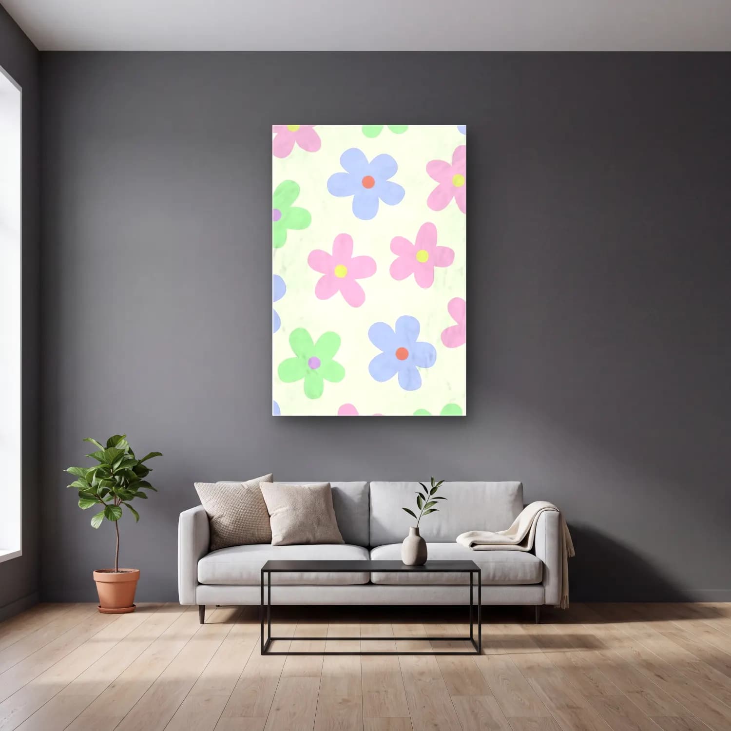 Pastel Çiçek Deseni No. 62 cam tablo — gri duvarlı salonda
