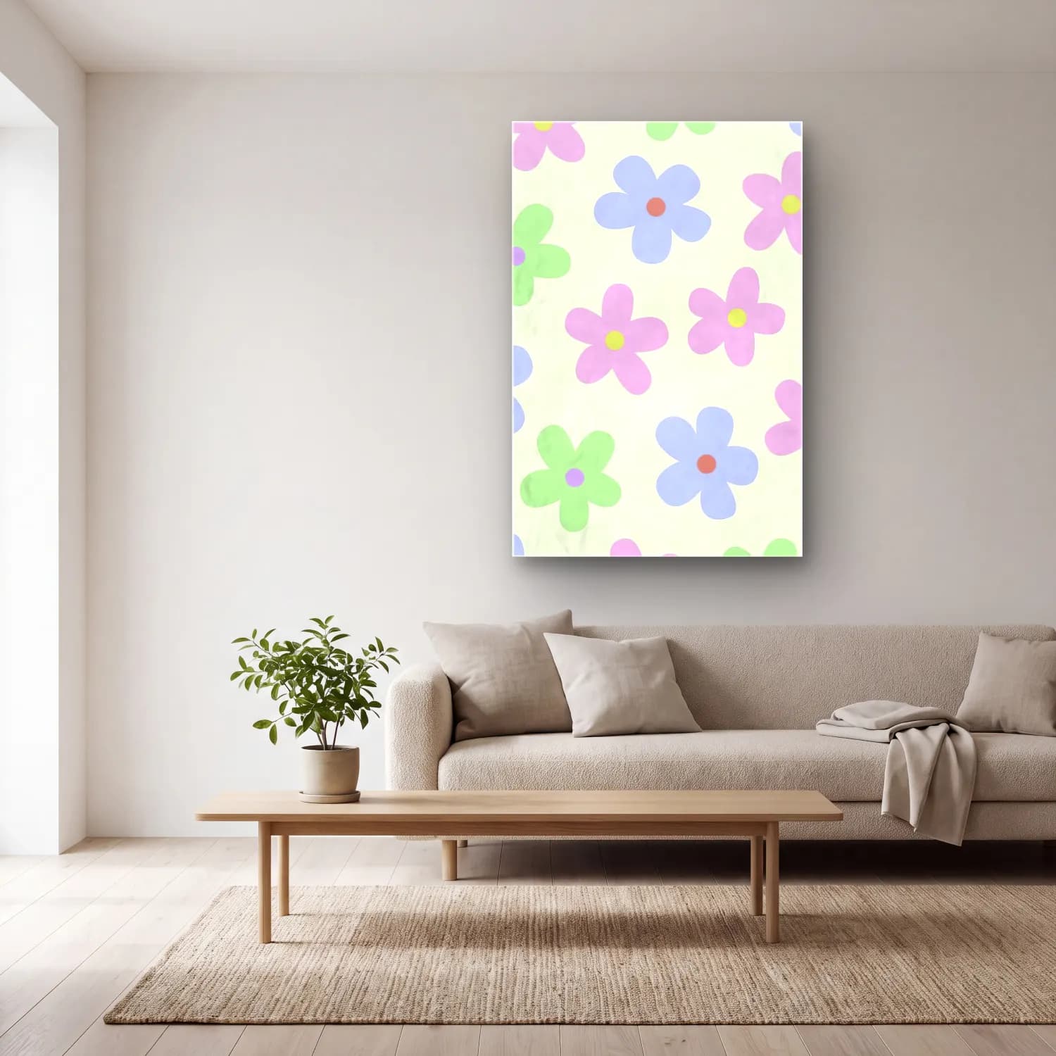 Pastel Çiçek Deseni No. 62 cam tablo — açık renk salonda