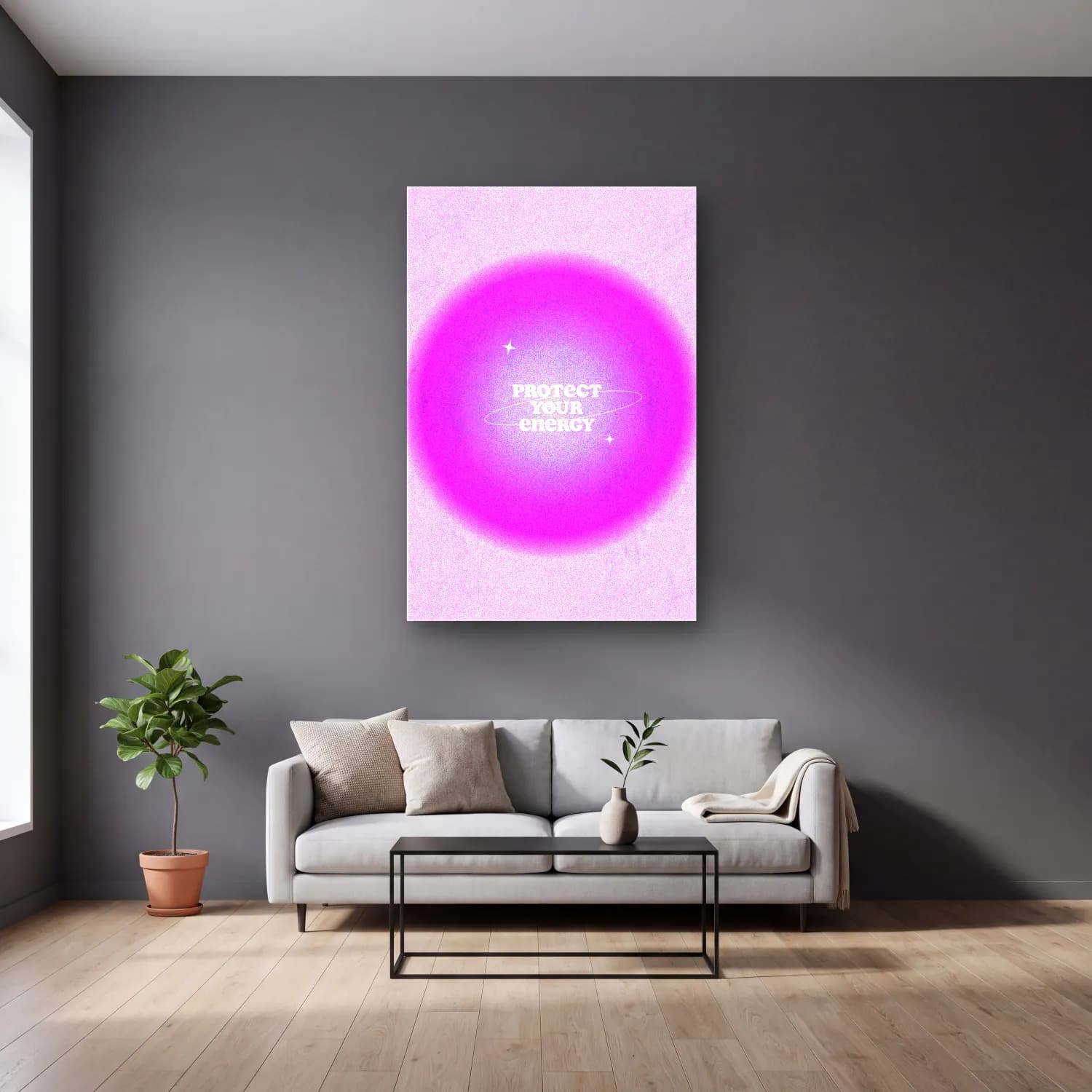 Pastel Söz Posteri No. 24 cam tablo — gri duvarlı salonda