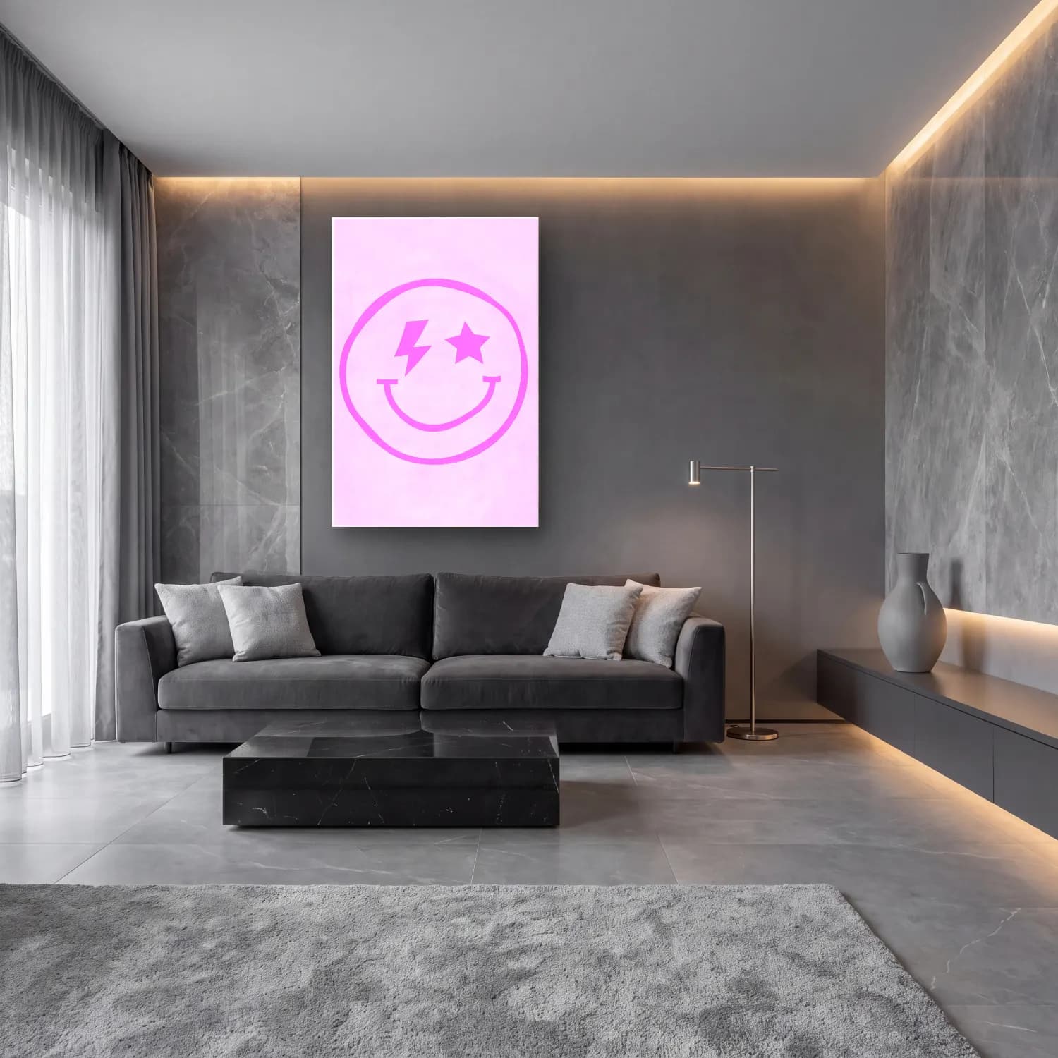 Pastel Çizgi Yüz No. 4 cam tablo — lüks salon duvarında