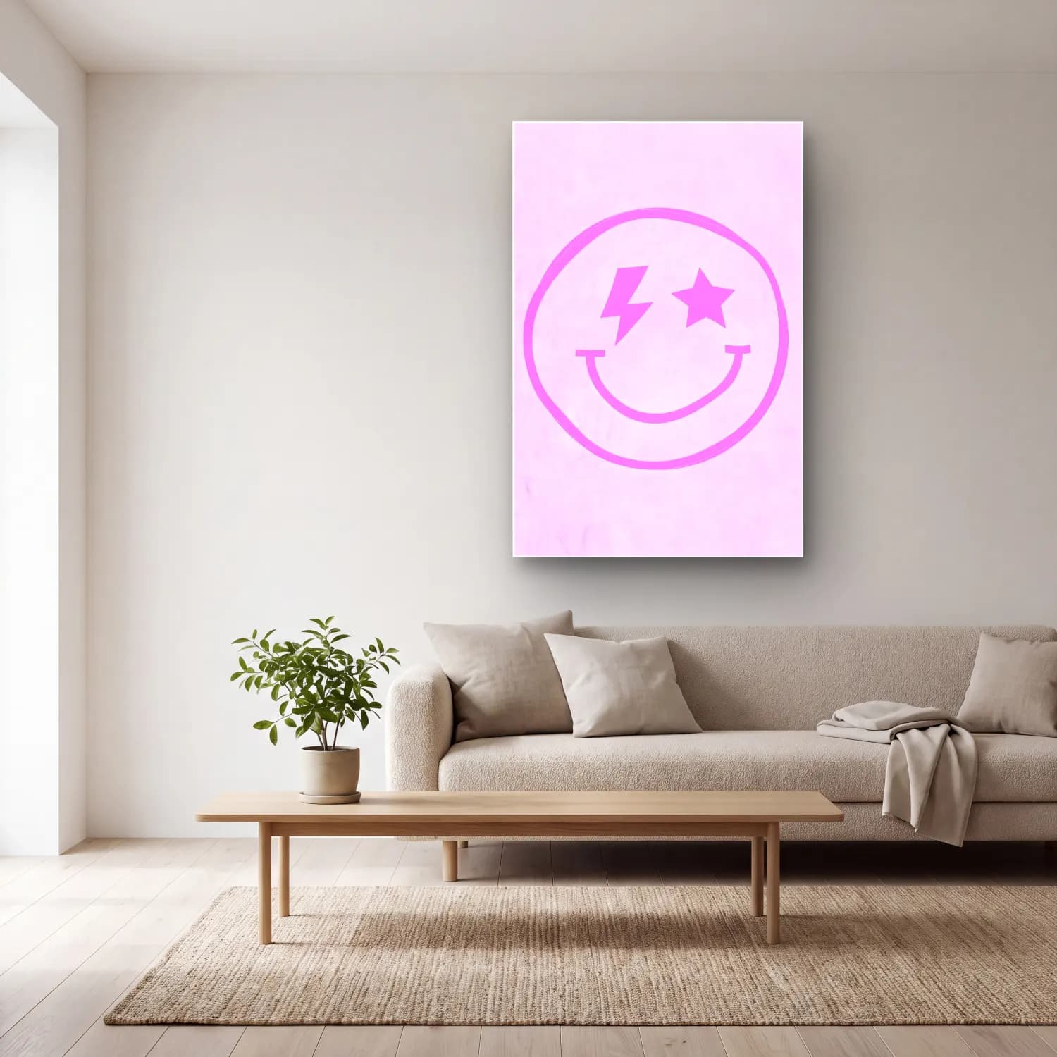 Pastel Çizgi Yüz No. 4 cam tablo — açık renk salonda