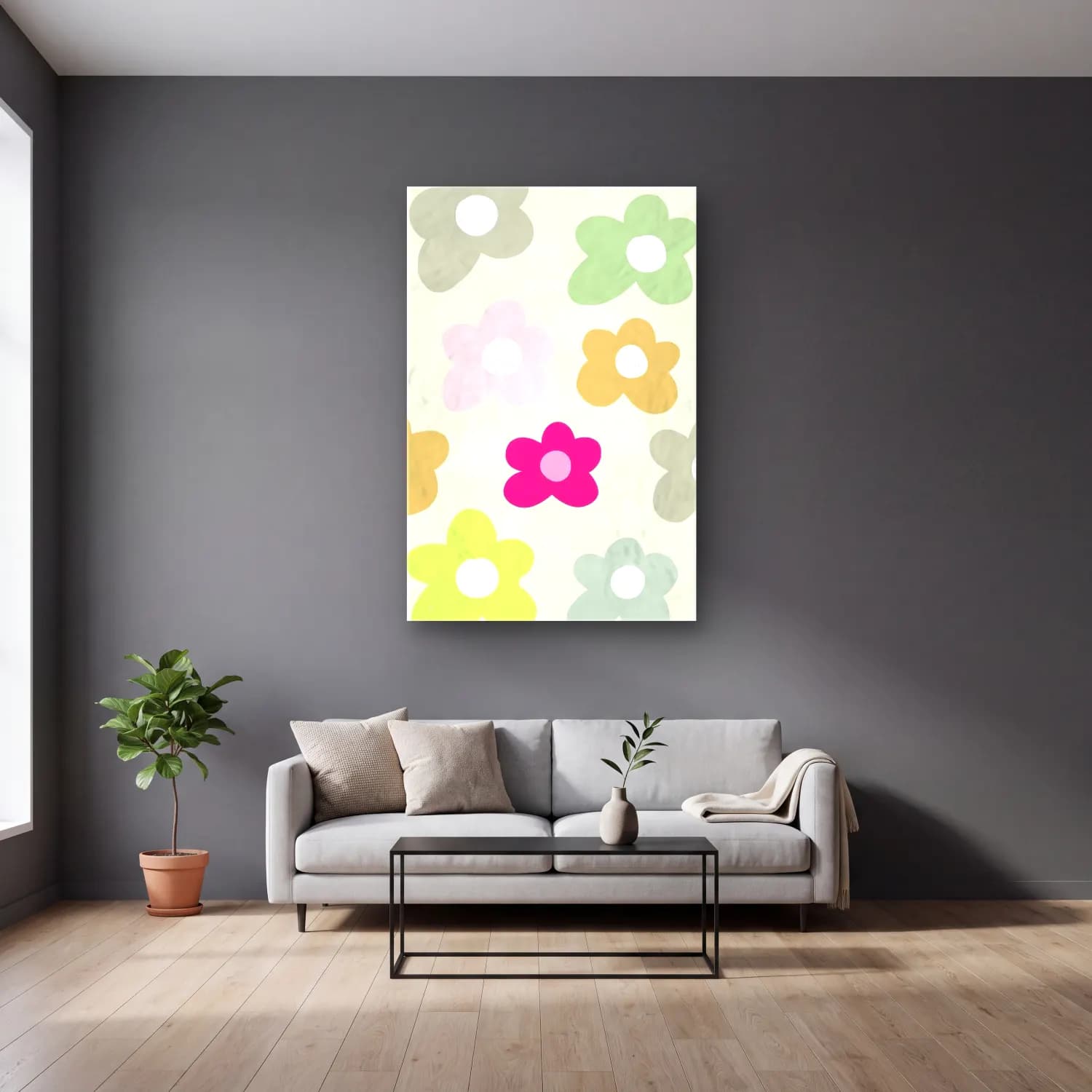 Pastel Çiçek Deseni No. 63 cam tablo — gri duvarlı salonda
