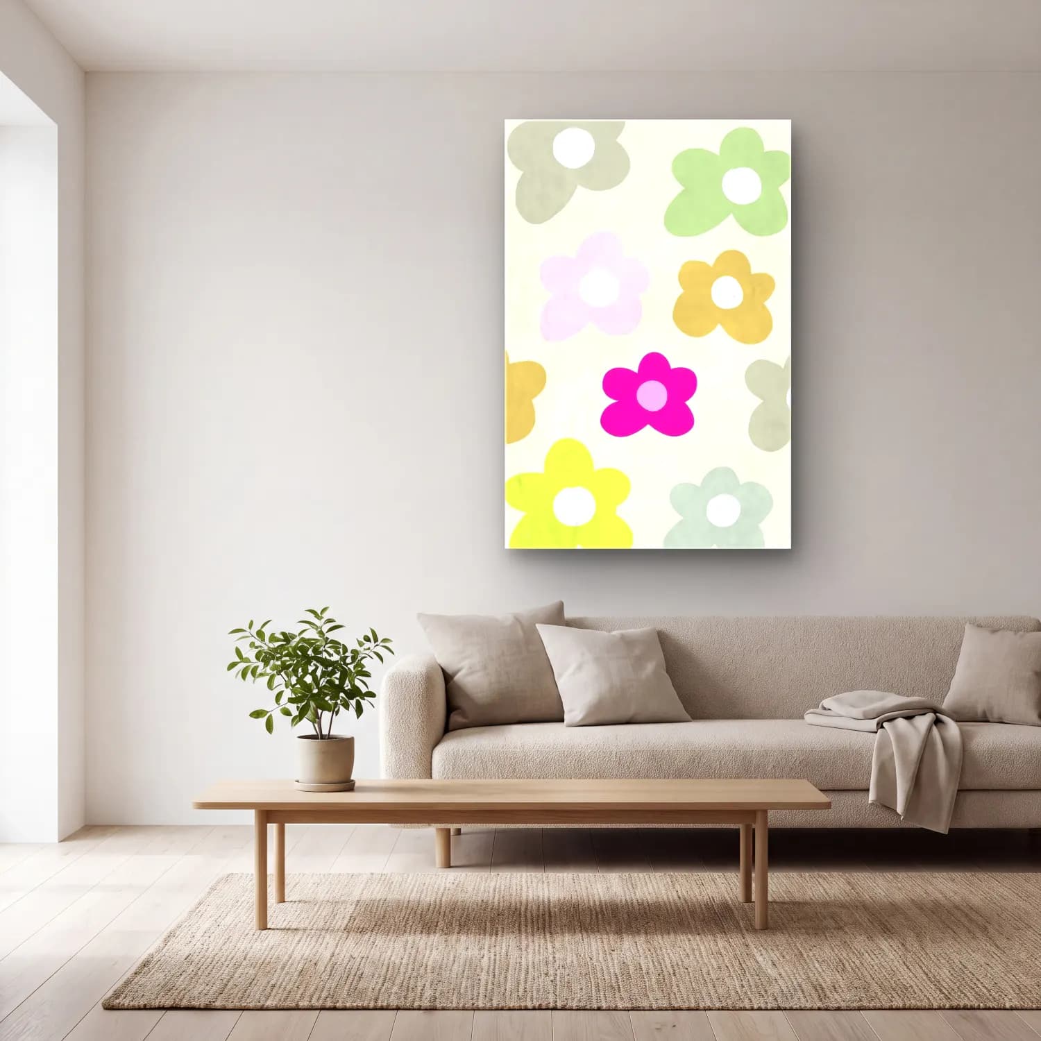 Pastel Çiçek Deseni No. 63 cam tablo — açık renk salonda