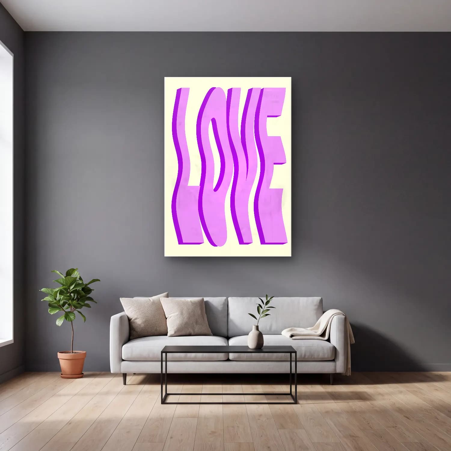 Pastel Yazılı Tasarım No. 61 cam tablo — gri duvarlı salonda