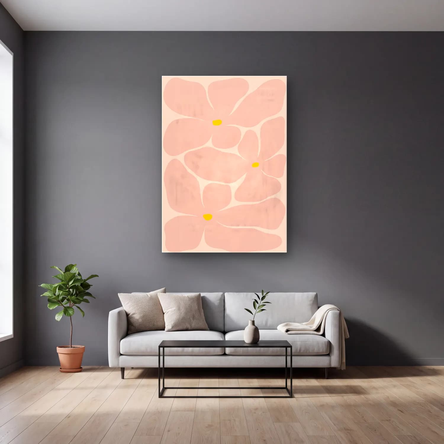 Pastel Çiçek Deseni No. 64 cam tablo — gri duvarlı salonda