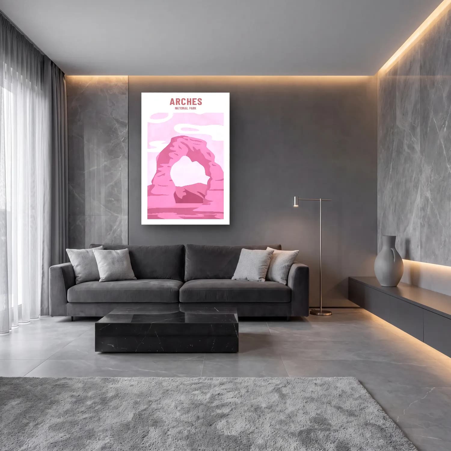 Pastel Soyut Kemer No. 4 cam tablo — lüks salon duvarında