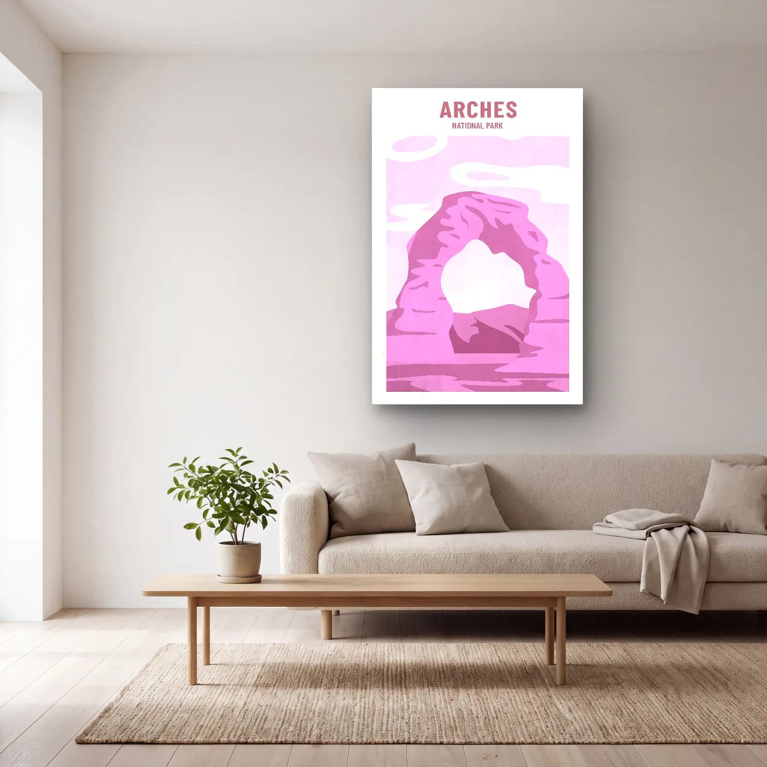 Pastel Soyut Kemer No. 4 cam tablo — açık renk salonda