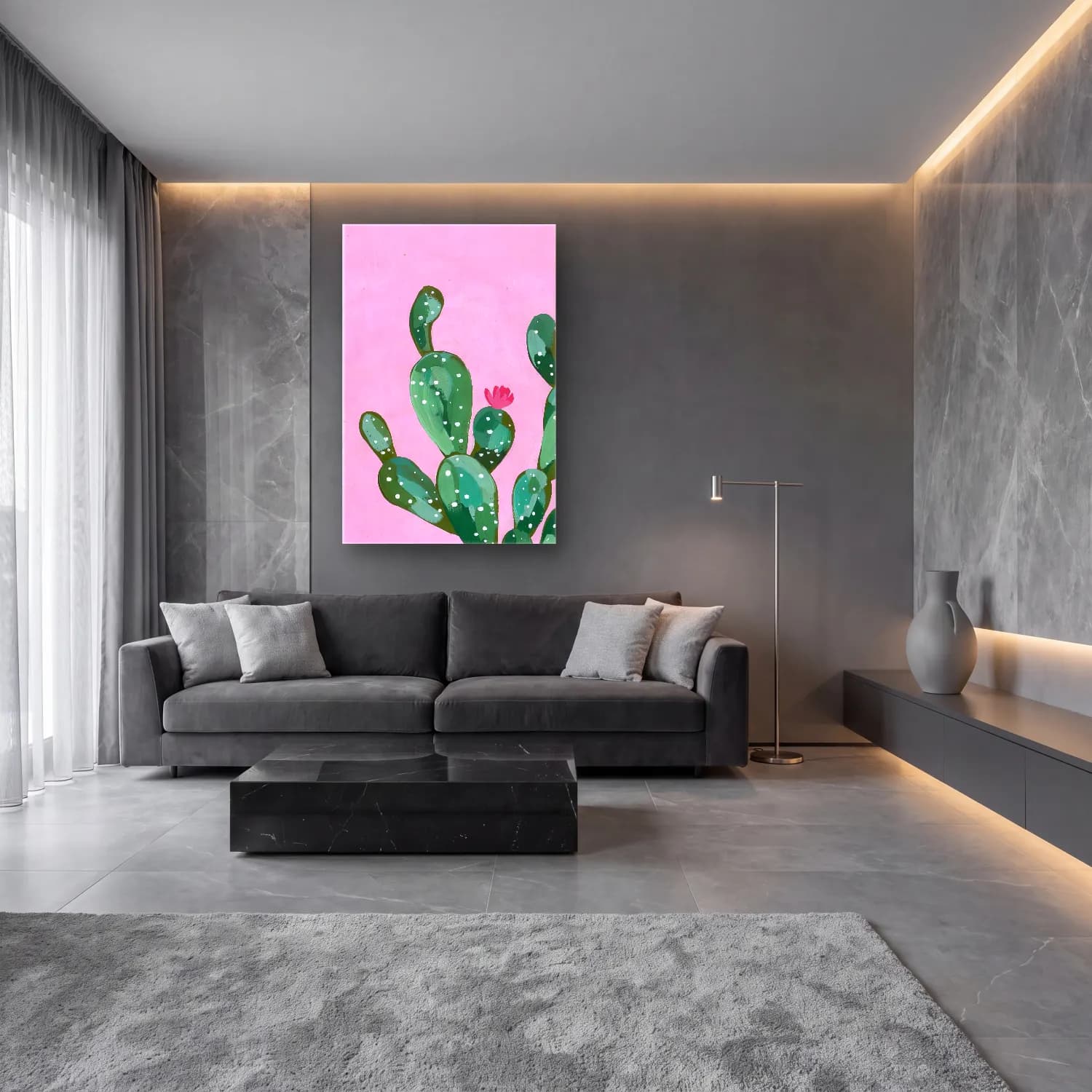 Pastel Kaktüs No. 4 cam tablo — lüks salon duvarında
