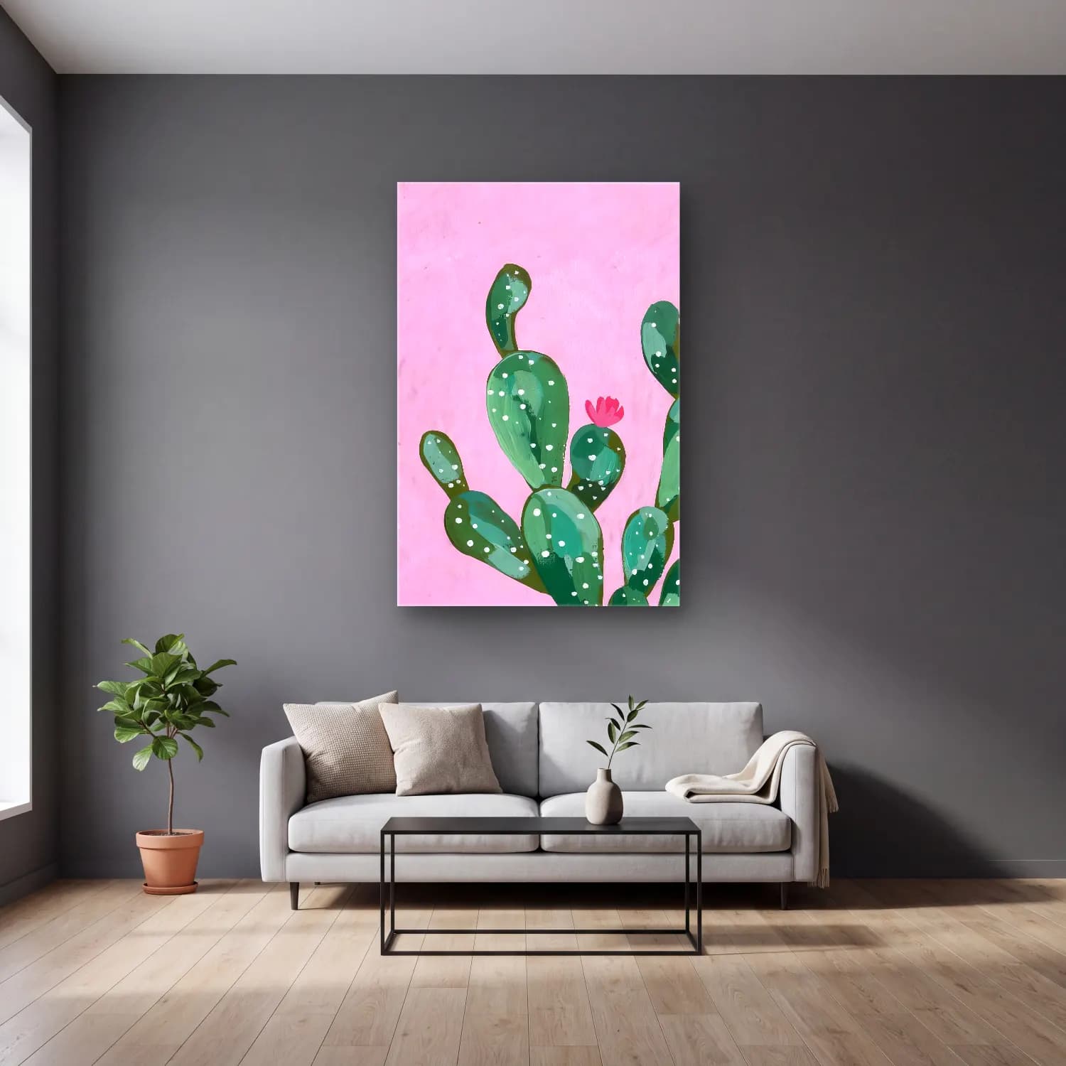 Pastel Kaktüs No. 4 cam tablo — gri duvarlı salonda