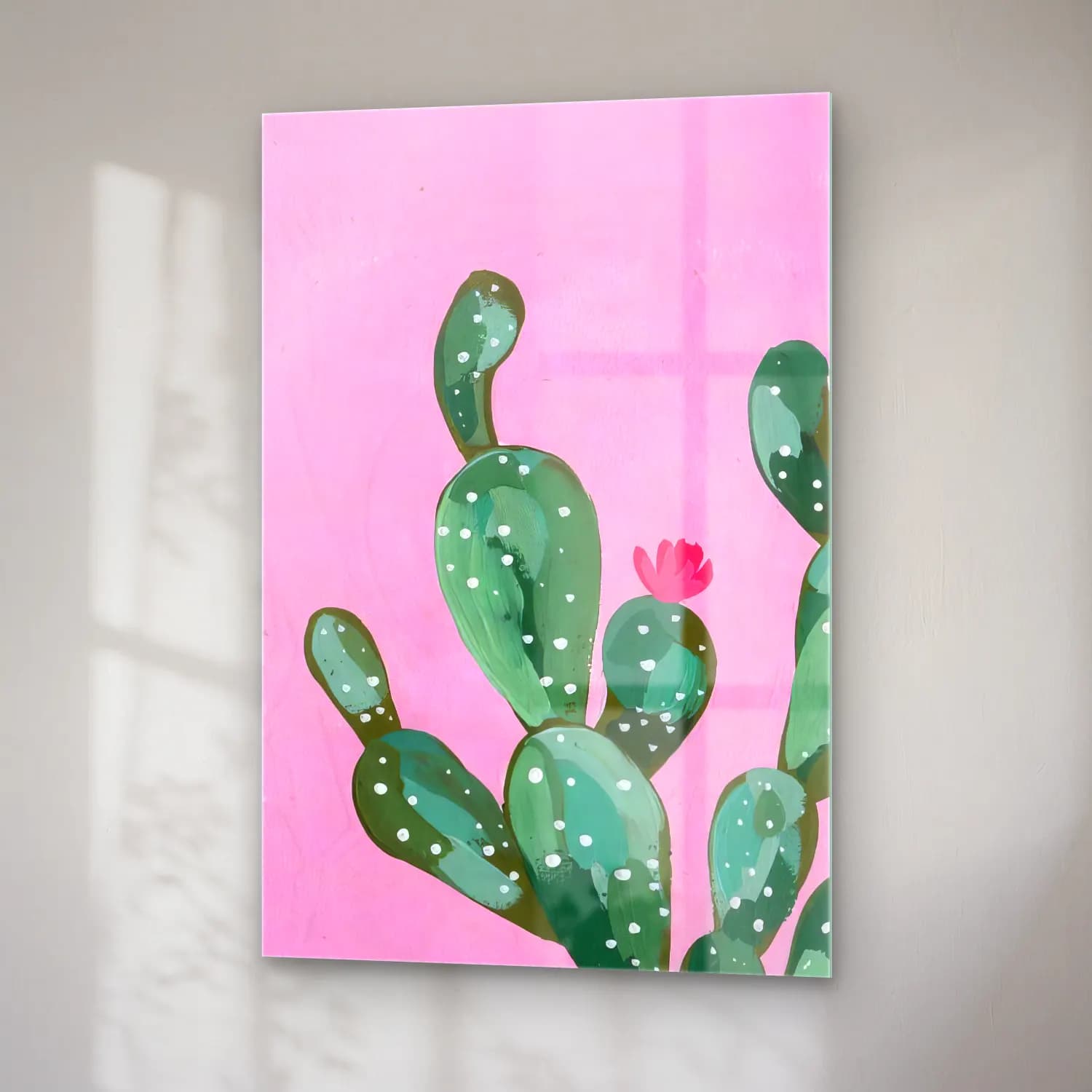 Pastel Kaktüs No. 4 cam tablo — sağ açıdan görünüm