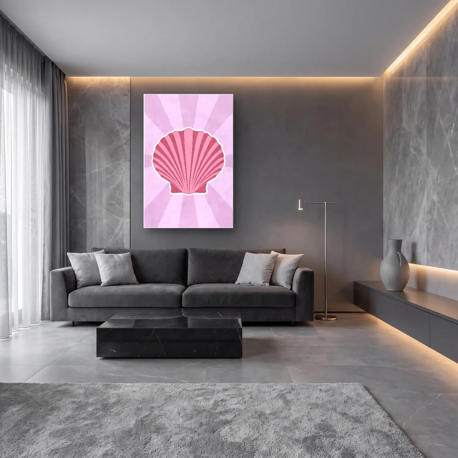 Pastel Deniz Kabukları – Pembe Tonlar cam tablo — lüks salon duvarında